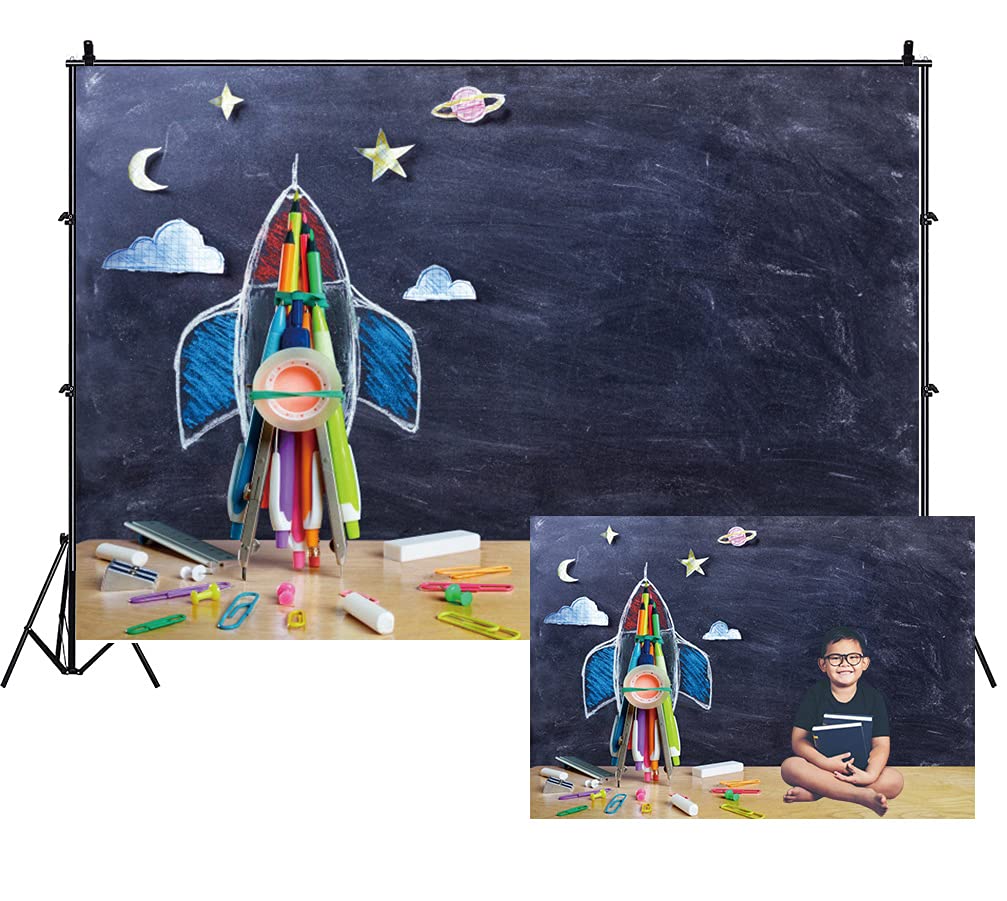 Leowefowa 7x5ft Blackboard Rocket Chalk Drawing Photography Backdrop - School Theme Vinyl Background for First Day of School, Pre-K Classroom Decor, Photo Shoot Props | Perfect for School Events, Classroom Activities & Kids Birthday Parties