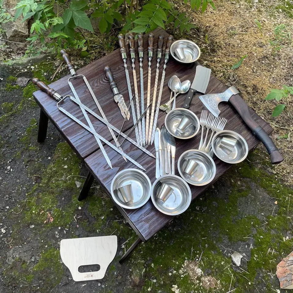 Premium Auroch Camping BBQ Skewers Set with Wooden Storage Case - 44-Piece Stainless Steel Grilling Accessories Kit for Outdoor Picnics, Backyard Parties & Campfire Cooking