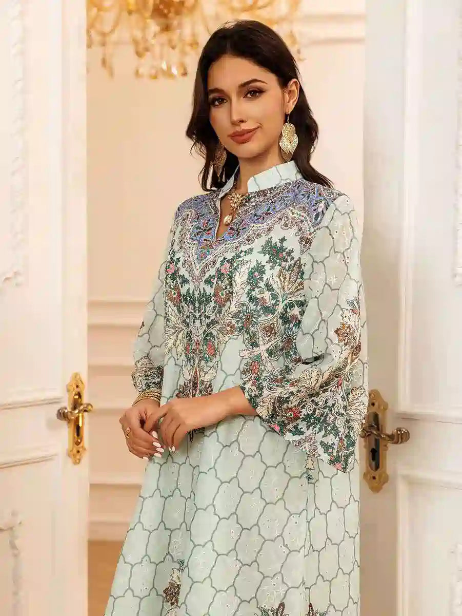 Elegant Eid Dress for Women - Embroidered Caftan Kaftan Dress with Floral Print #25436 - Perfect for Eid Celebrations, Weddings & Special Occasions