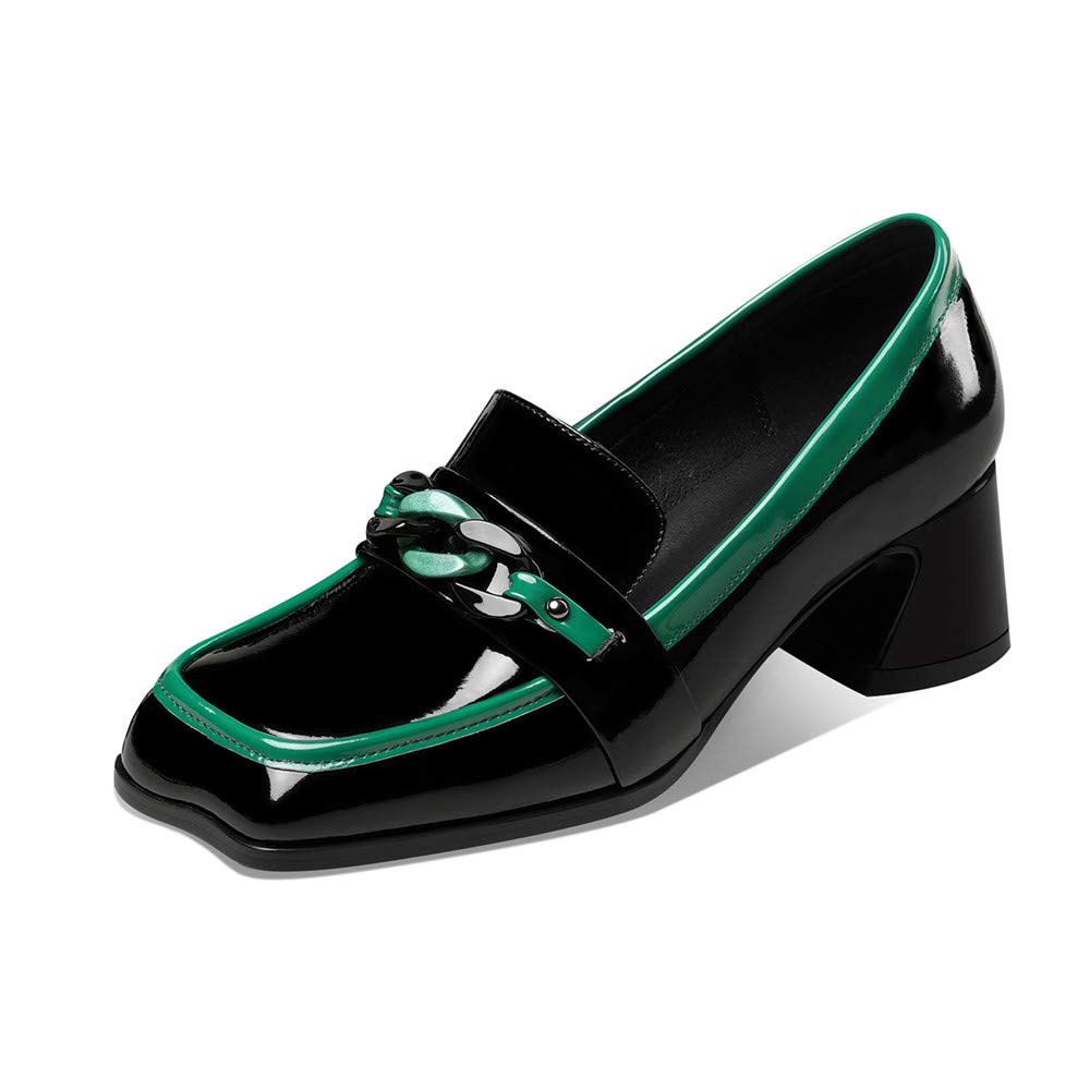 Trendy Women's Patent Leather Loafers - Square Toe Chunky Heel with Chain | Assorted Colors | Handmade Comfort Shoes for Work, Office & Casual Outfits