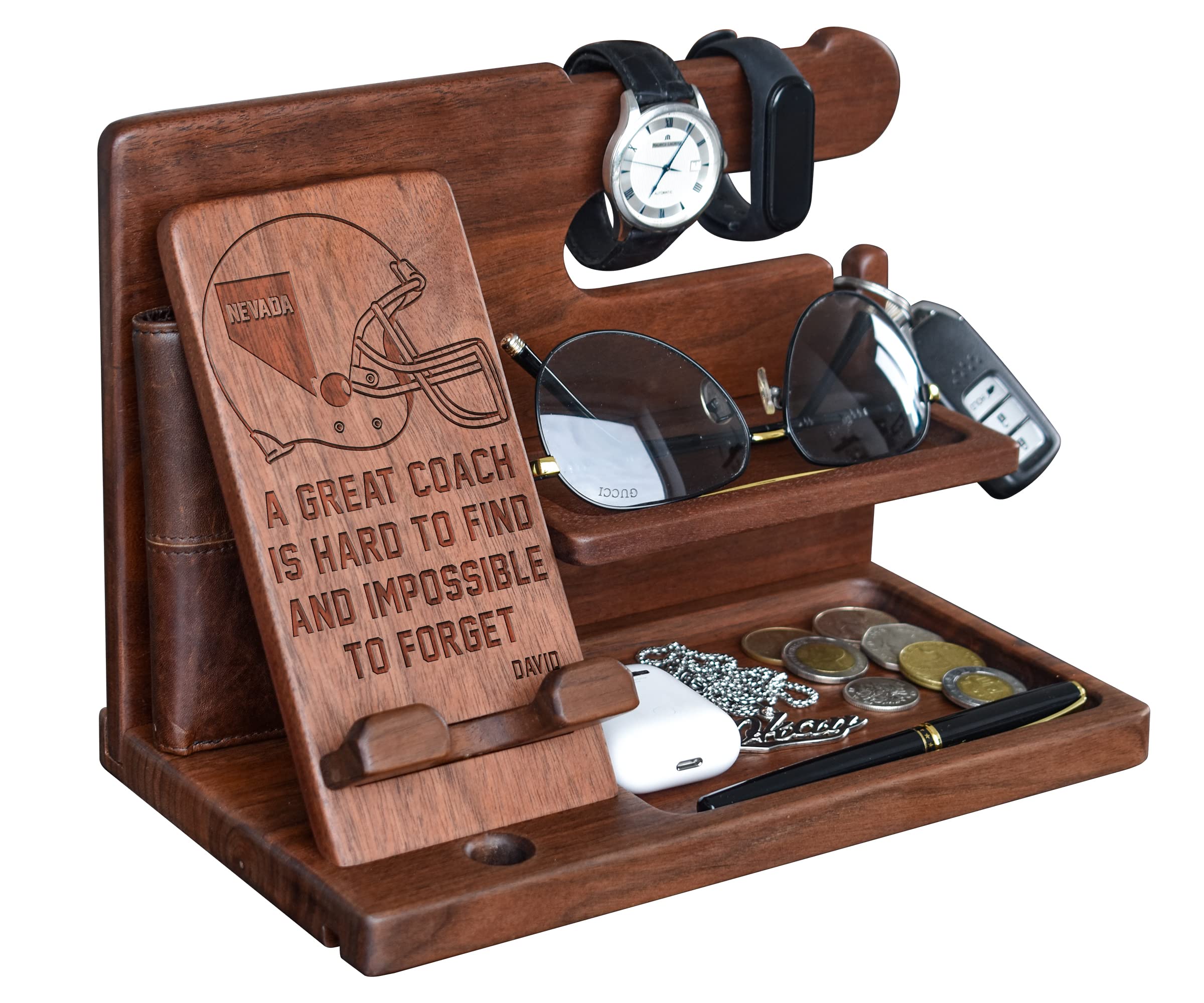 Custom Nevada Football Helmet Desk Organizer with Wood Phone Dock, Key Holder & Watch Stand - Personalized Office Gift for Men - Perfect for Home, Office & Dorm Room Organization