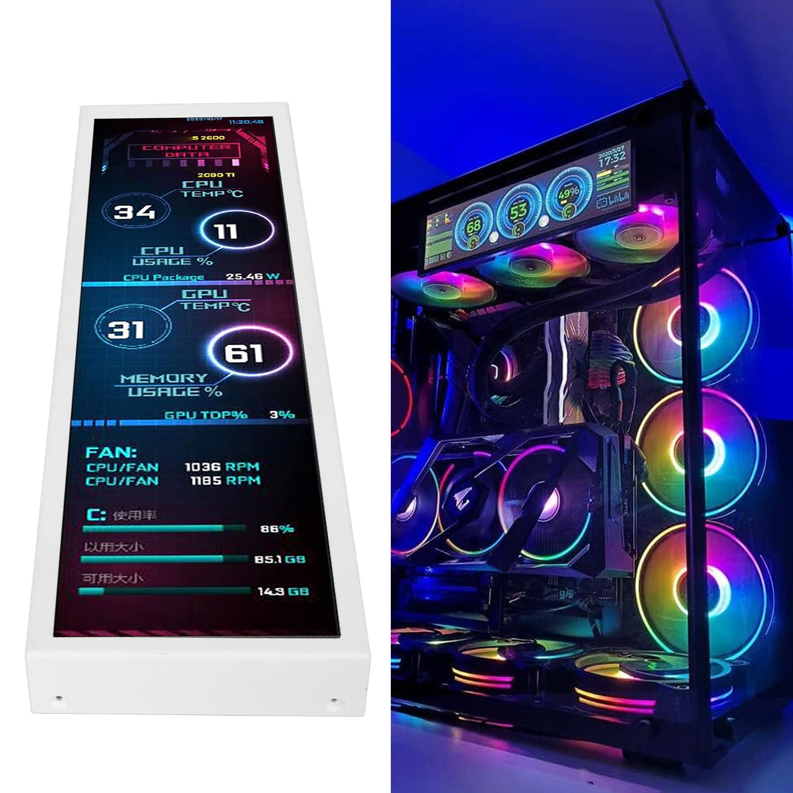 Zunate 8.8 Inch AIDA64 Computer Temperature Monitor - 1920x480 Resolution, 60Hz Refresh Rate, Real-Time CPU GPU SSD Data Display for Windows PC - Perfect for Gaming Rigs, Workstations & Server Monitoring (White)