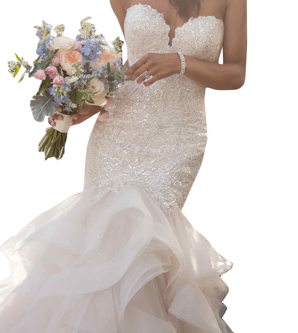 Elegant Long Mermaid Wedding Dress with Ruffle Skirt & Lace Appliques | Sweetheart Neckline Bridal Gown for Beach, Church, and Formal Weddings