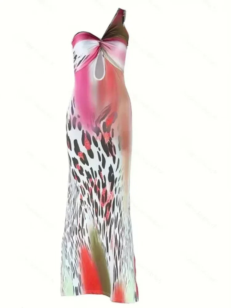 2023 Women's Sexy Animal Print Twist Hollow One Shoulder Bodycon Dress - Elegant Long Party & Night Club Outfits for Evening Events, Date Nights & Special Occasions