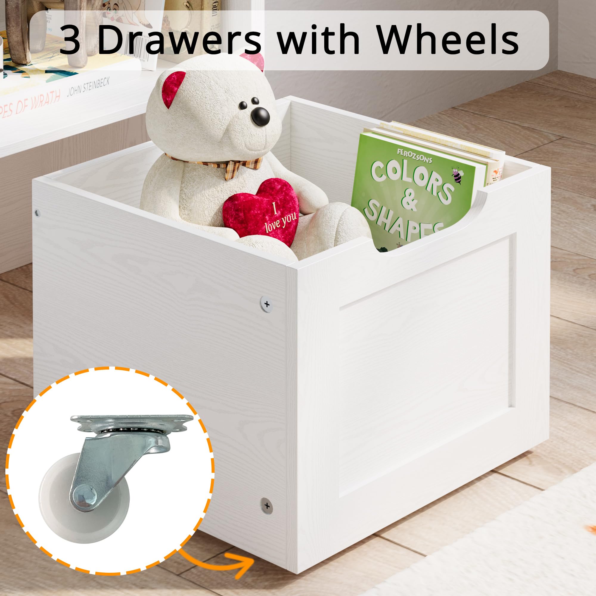 IRONCK 3-Tier Toy Storage Organizer with Movable Drawers & 5 Cubbies - Multifunctional Kids Floor Cabinet for Toys, Books & Clothes - Perfect for Bedroom, Playroom & Nursery - White