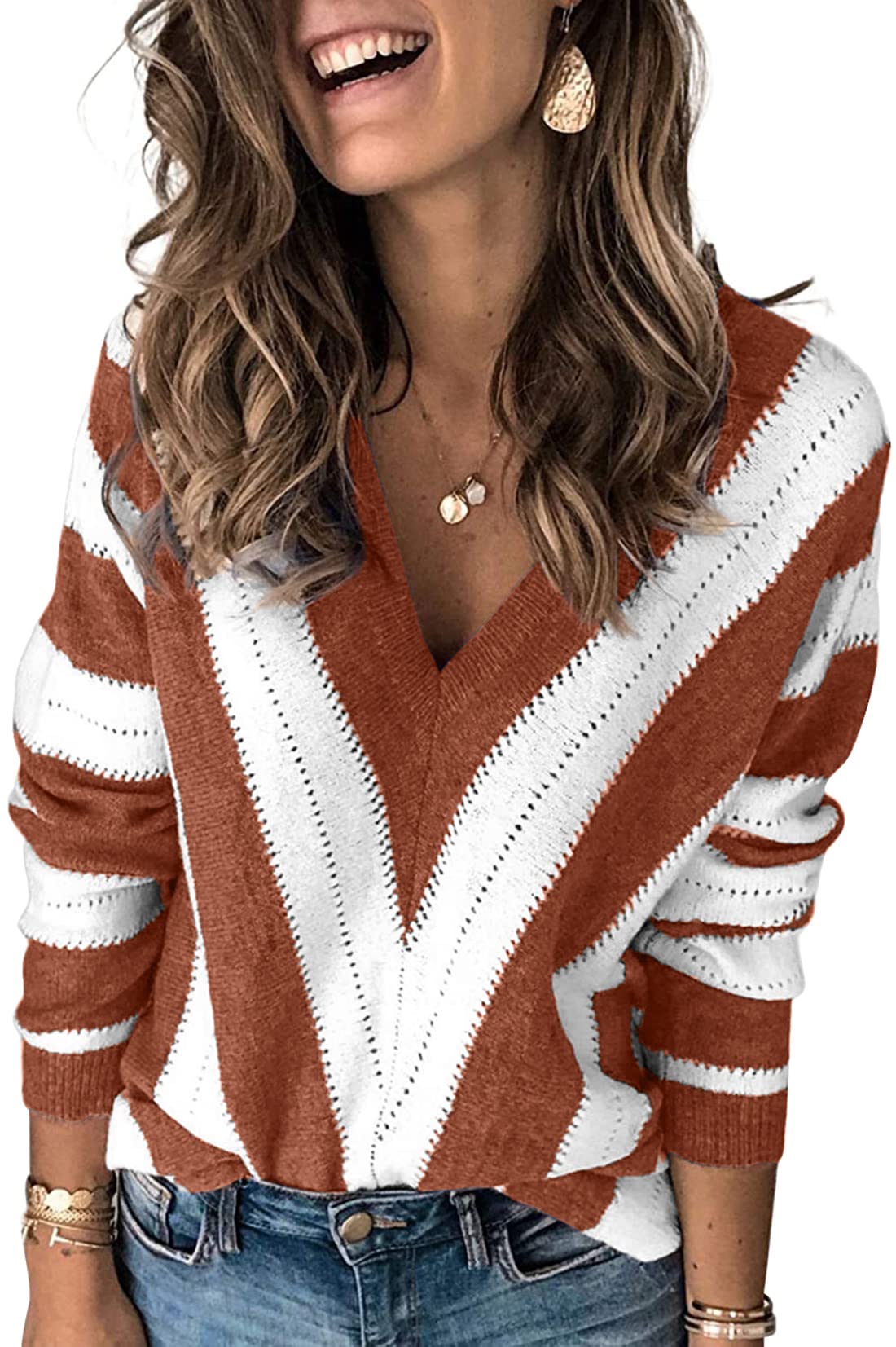 QIXING Women's Striped Knit V-Neck Long Sleeve Pullover Sweater - Casual Comfort for Fall & Winter Layering