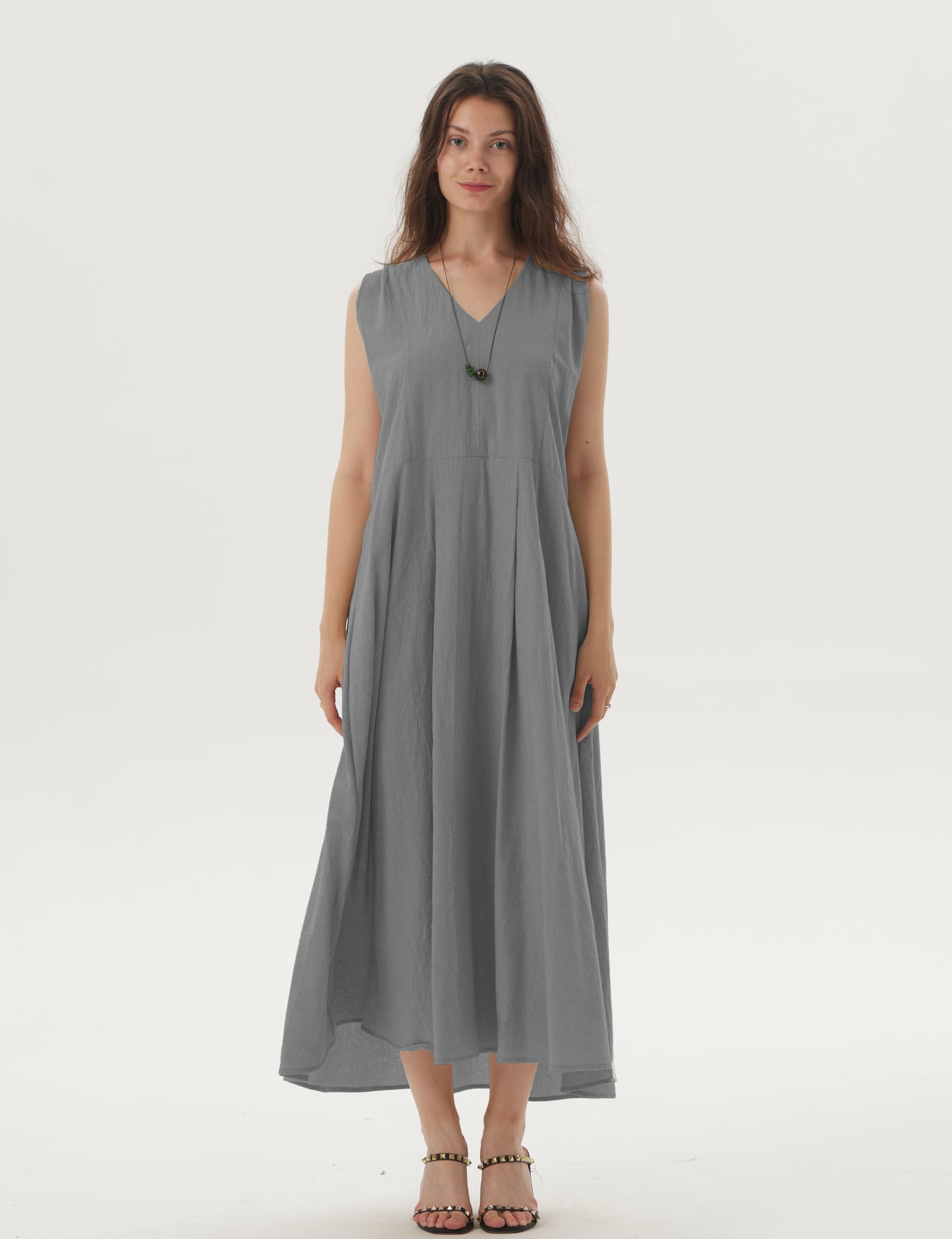 Women's Sleeveless V-Neck Linen Summer Dress - Minimalist Casual Solid Color Maxi Dress (XL, Gray) | Perfect for Beach Vacation, Brunch Dates & Summer Outings