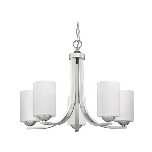 Modern Chrome Chandelier with 5 White Cylinder Glass Shades - Elegant Ceiling Light Fixture for Dining Room, Bedroom, or Living Room Decor