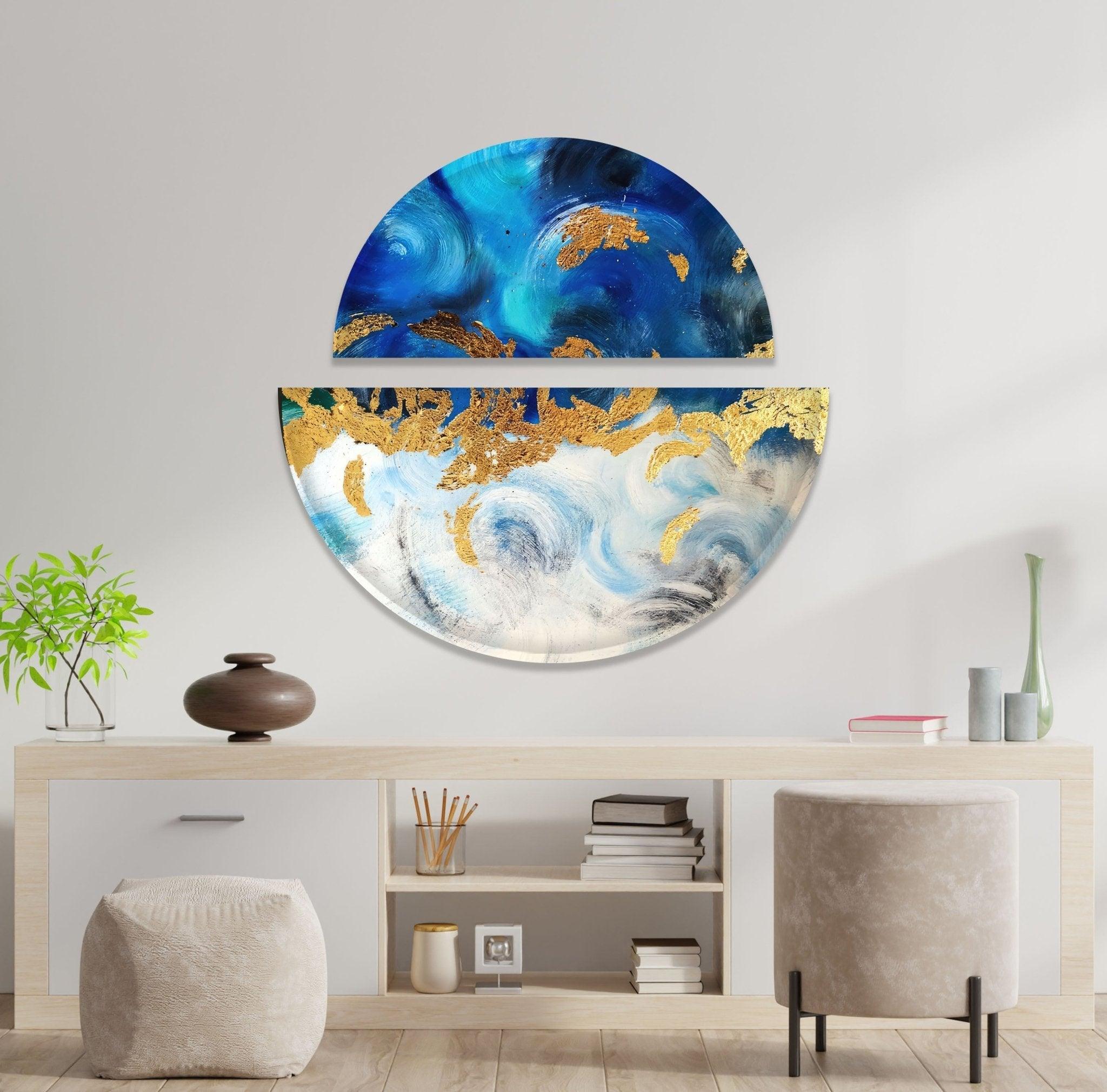 2 Piece Blue and Gold Abstract Glass Wall Art Set - Modern Home Decor for Living Room, Bedroom, or Office