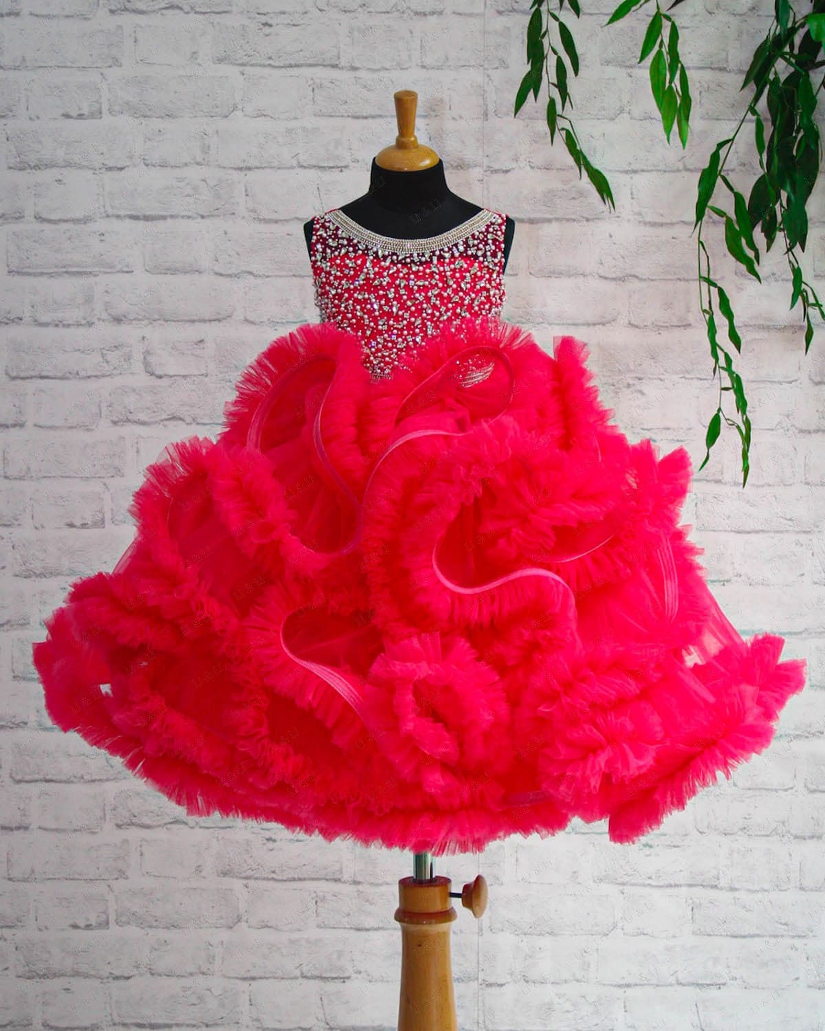 Pre Order: Coral Pink Netted Frilled Fluffy Gown With White Crystal And Beads Work - Elegant Evening Dress for Prom, Wedding, and Special Occasions