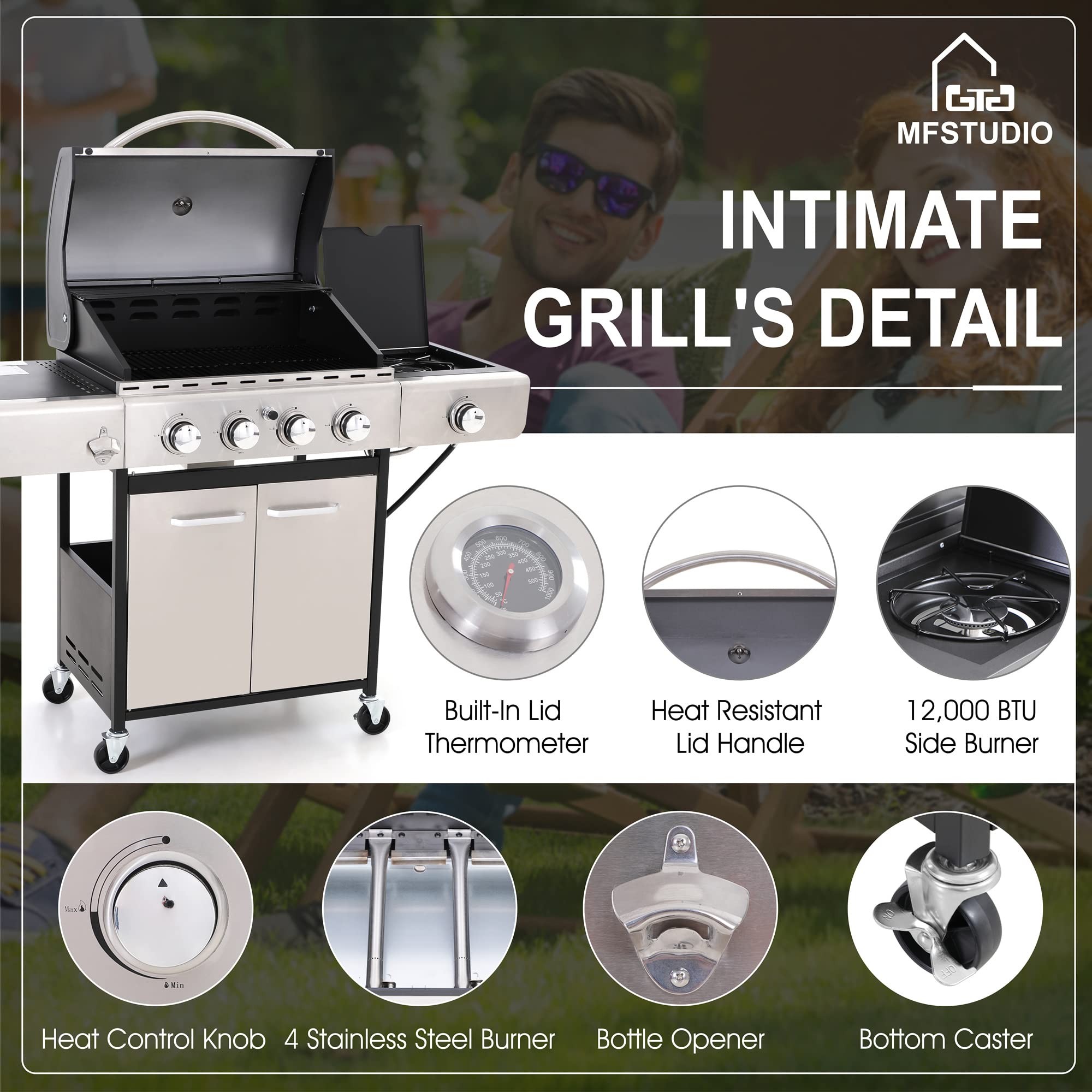 MFSTUDIO 4-Burner Propane Gas Grill - Stainless Steel BBQ Grill with Side Burner & Porcelain-Enameled Cast Iron Grates - High Heat Output for Outdoor Cooking, Backyard Parties, Camping & Tailgating