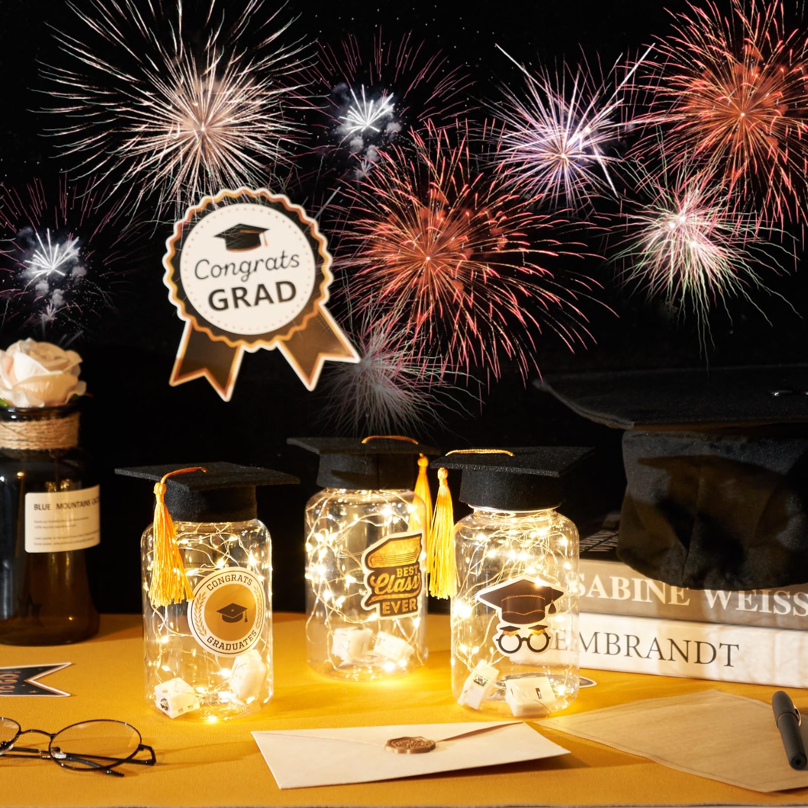 8 Pcs Graduation Jar Decorations with LED Lights - Class of 2025 Graduation Party Decor Set with Gratitude Jars, Graduation Hats & Stickers - Perfect for Graduation Table Centerpieces, Dorm Room Decor & Celebration Gifts