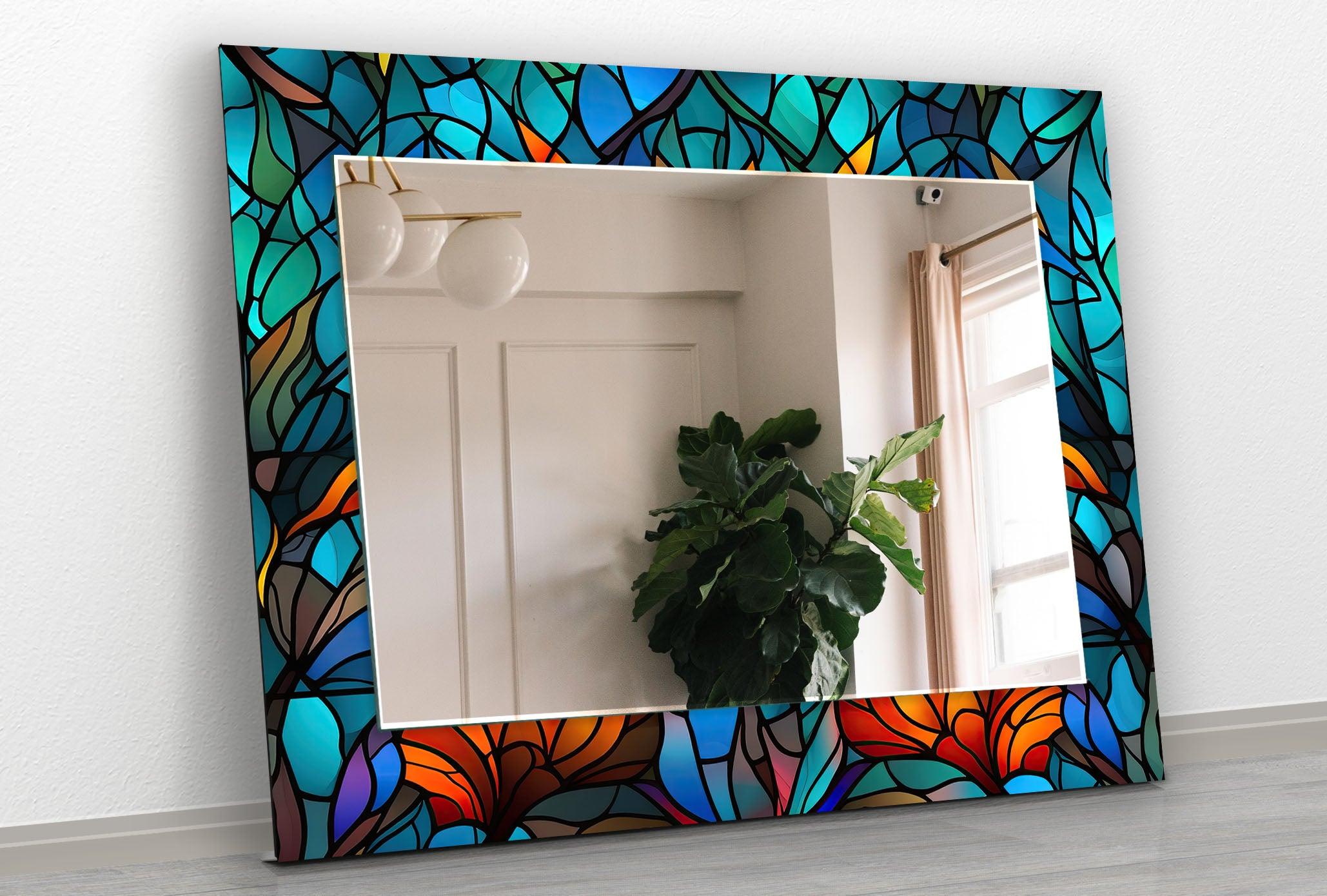 Blue Orange Leaf Wall Mirrors - Decorative Round Mirror for Living Room, Bedroom, Bathroom - Boho Home Decor Accent Piece