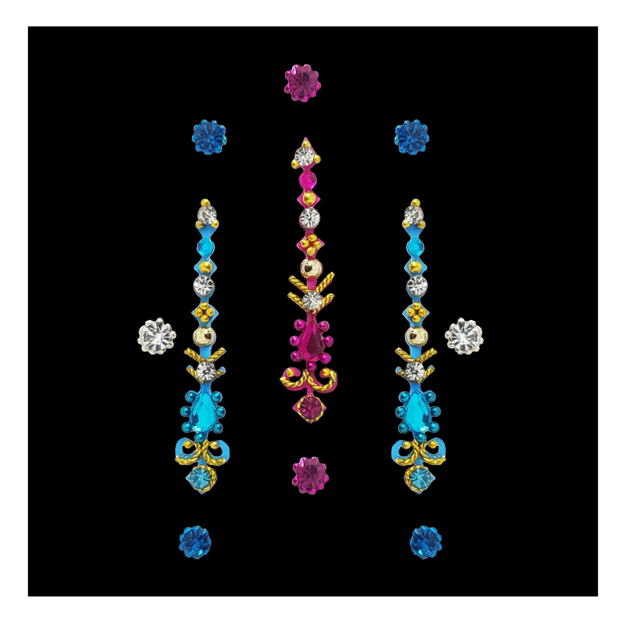 Comet Busters Pink and Blue Long Bindi for Women - 26mm Indian Forehead Jewelry (BV016) | Perfect for Diwali, Weddings & Festive Occasions