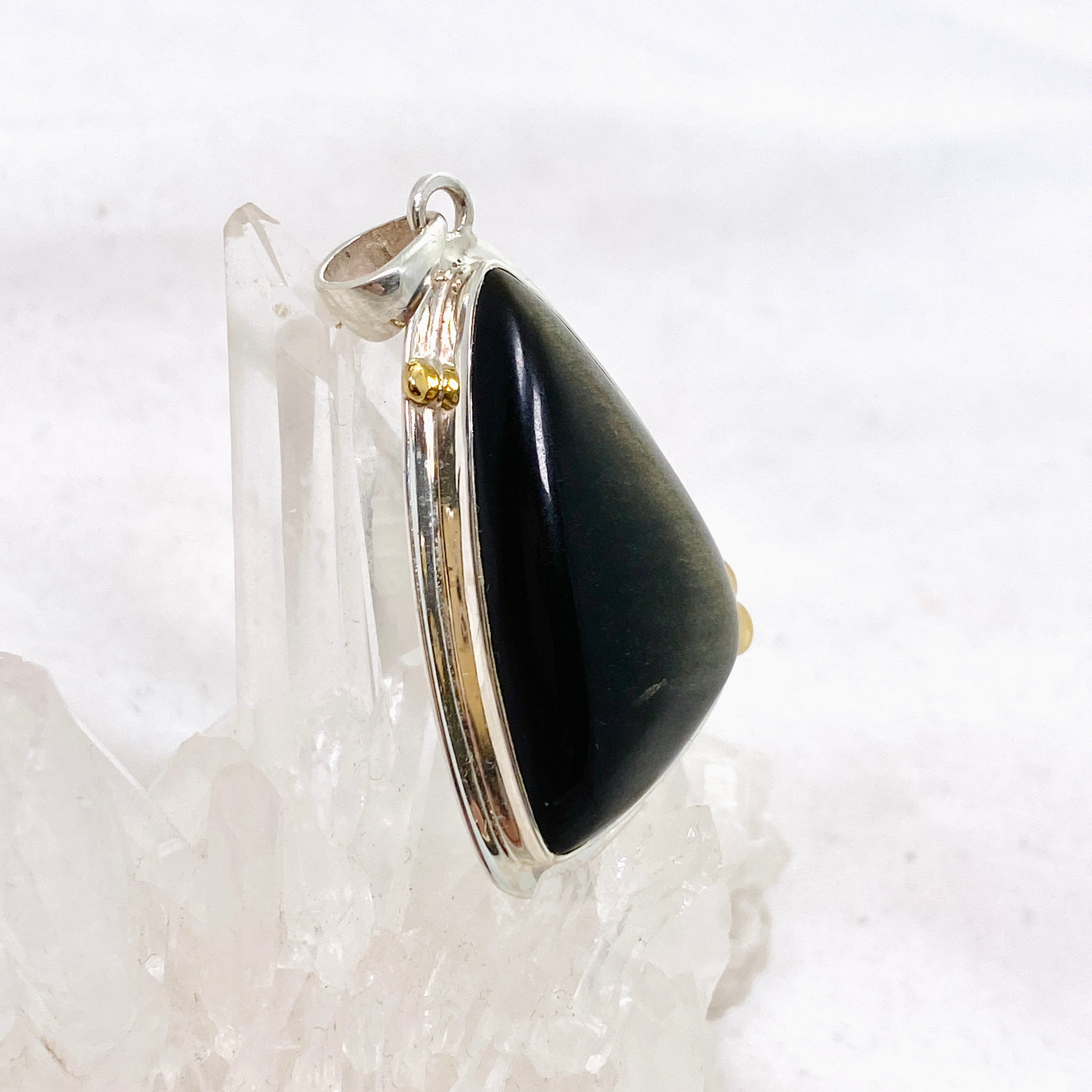 Goldsheen Obsidian Freeform Cabochon Pendant - Handcrafted Silver Jewelry with Decorative Setting KPGJ4762 | Perfect for Meditation, Energy Healing & Boho Fashion