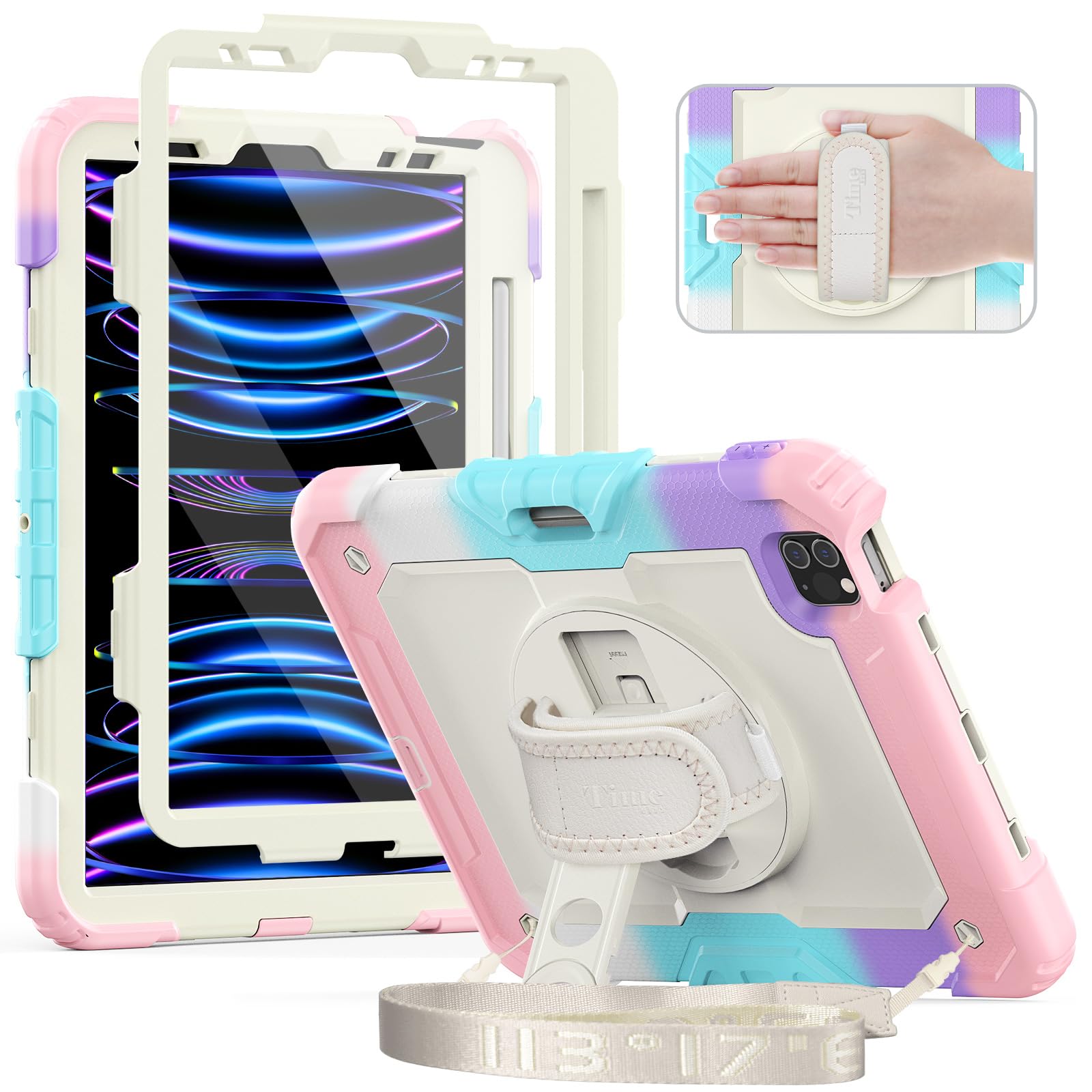 Timecity iPad Pro 11 Inch Case (4th/3rd/2nd/1st Gen 2022-2018) - Full Body Protective Cover with Built-in Screen Protector, Rotating Stand Handle & Apple Pencil Holder - Pink Camo Design for Work, School & Travel