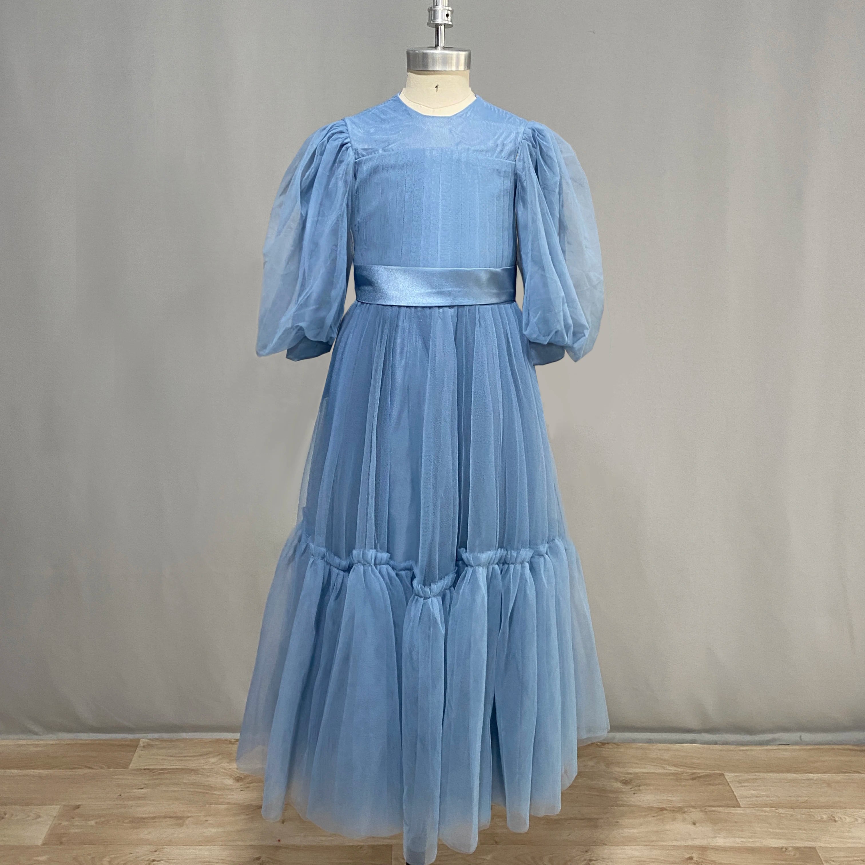 Elegant Tulle Flower Girl Dress with Puff Sleeves, Ruffles & Sash - Floor Length Wedding Gown for Bridesmaids & Special Occasions