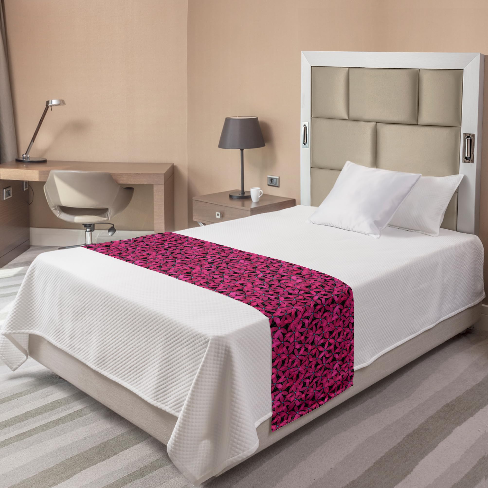 Ambesonne Abstract Bed Runner - Romantic Blooming Flowers on Dark Background, Summer Illustration Decorative Accent Bedding Scarf | Perfect for Hotels, Homes & Guestrooms (Charcoal Grey & Hot Pink) - Ideal for Bedroom Decor, Wedding Gift & Luxury Home Styling