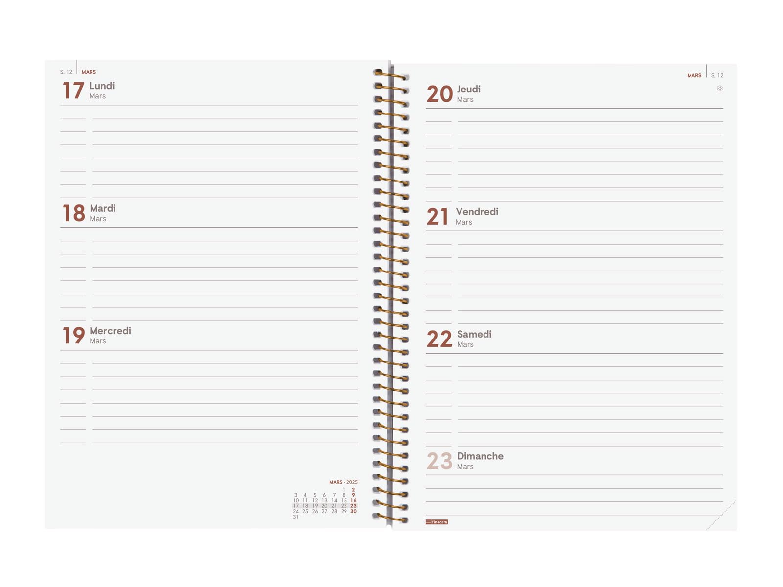 Finocam Spiral Planner 2025 - Weekly Horizontal Layout (January 2025-December 2025), 12-Month Gold Design - Perfect for Office, School & Personal Organization