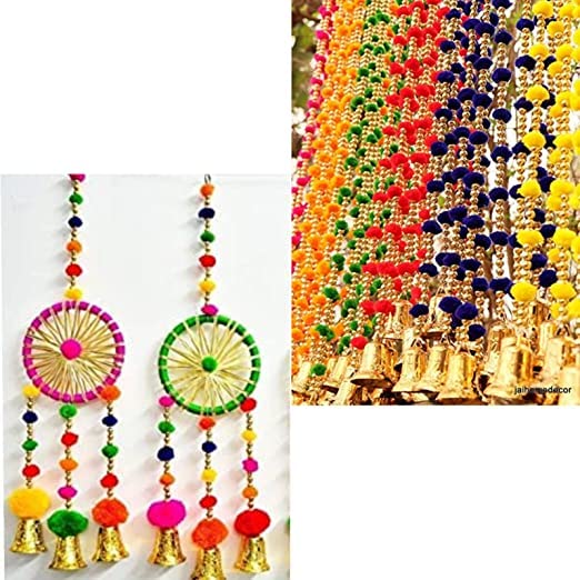 Handmade 5 Feet Colorful Pom Pom Toran Garland with Gota & Dream Catchers - Wall & Door Hanging Decor (8 Pom Pom Strings + 4 Dream Catchers) for Boho Home, Wedding, Festival & Nursery Decorations