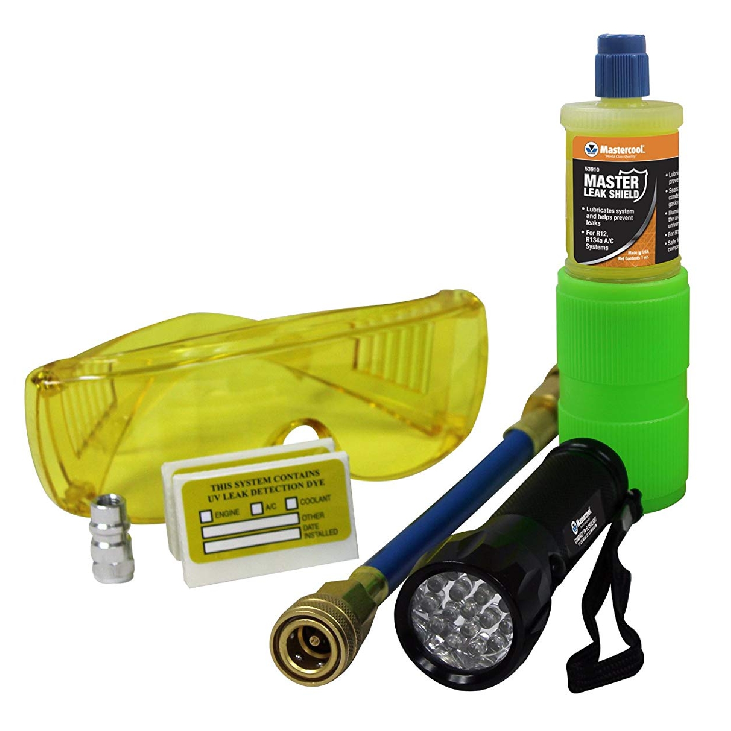 Mastercool 53597 AC Leak Detector Kit with 17 LED UV Flashlight - Find & Fix Refrigerant Leaks in HVAC, Automotive & Home AC Systems