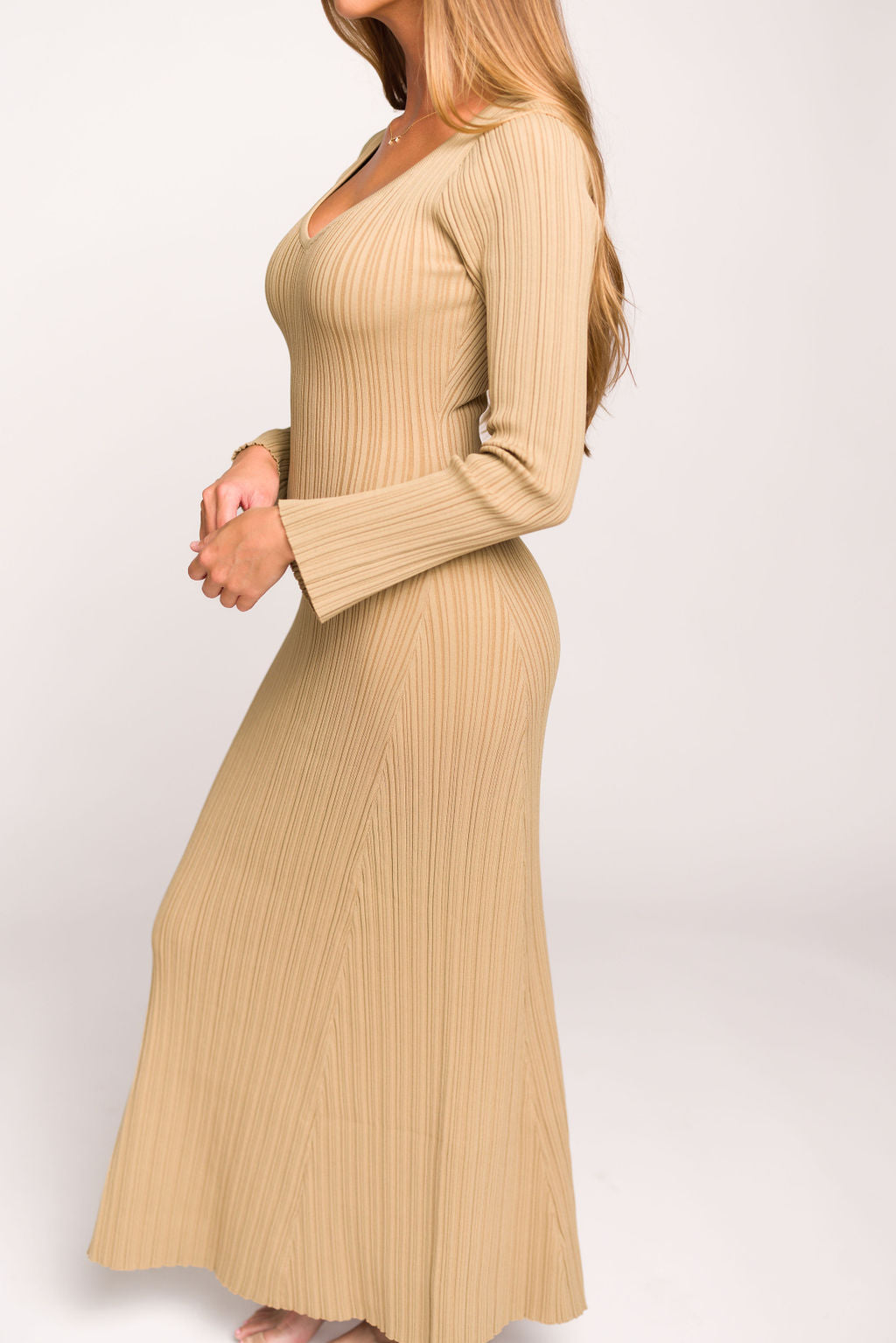 Keaton Knit Maxi Dress - V Neckline Beige Women's Long Dress | Perfect for Summer, Beach, Vacations & Casual Outings