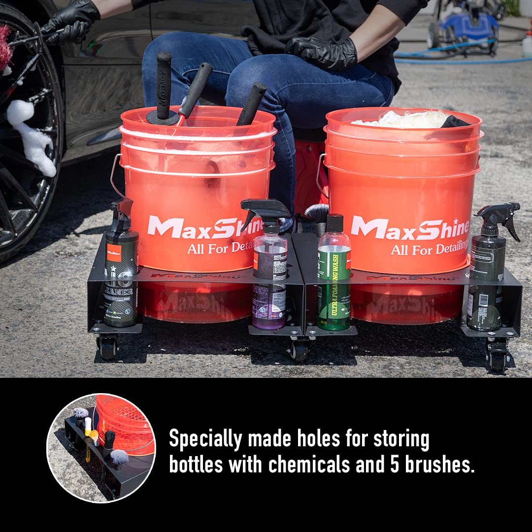 Maxshine Universal Steel Bucket Dolly with 4 Wheels & 2 Locking Casters - Heavy Duty Detailing Cart for Car Wash, Auto Detailing & Workshop Organization - Black Detailing Accessory & Supplies