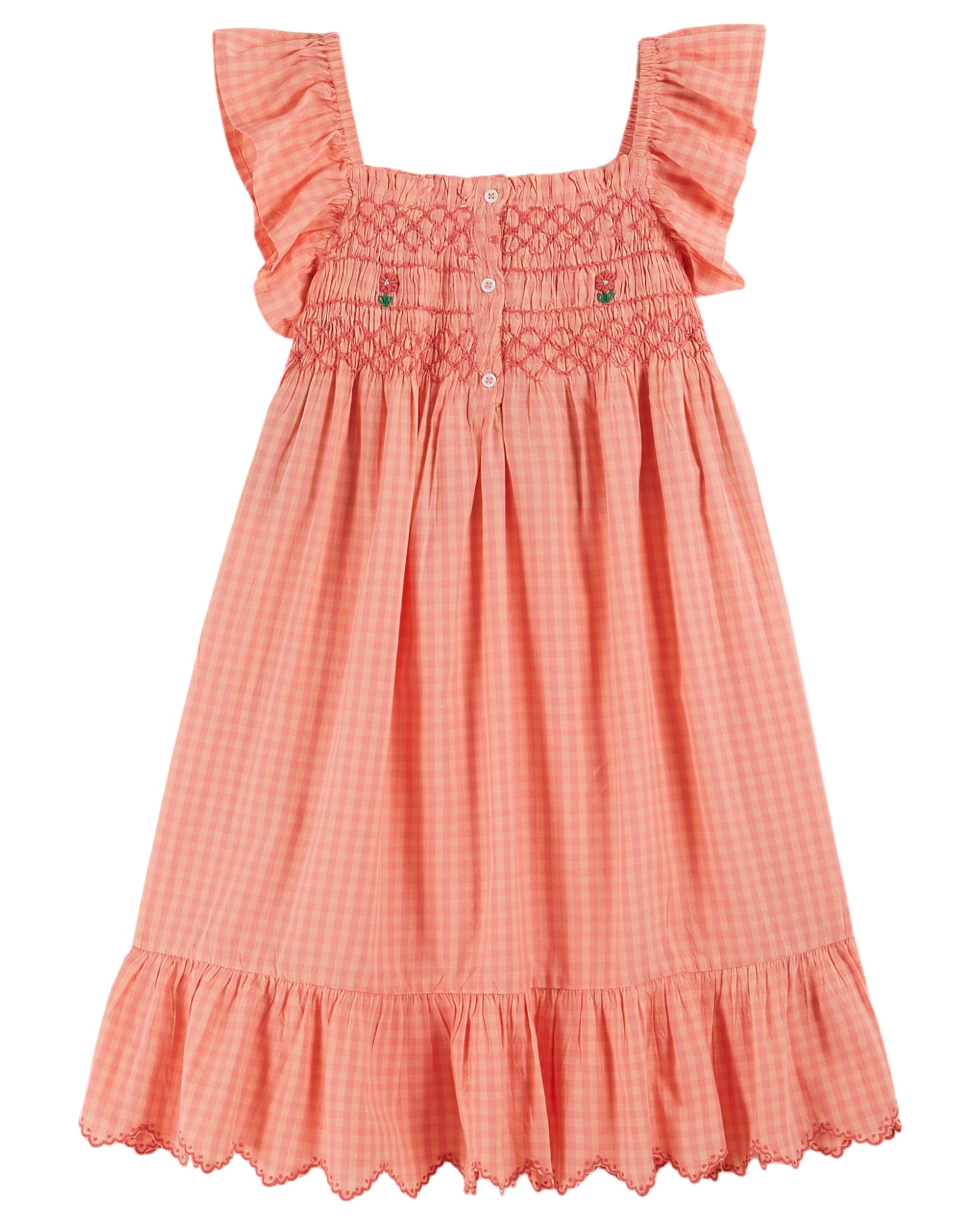 Emile et Ida Smocked Embroidered Vichy Pivoine Dress for Girls | Floral Cotton Summer Dress | Perfect for Parties, Weddings & Special Occasions