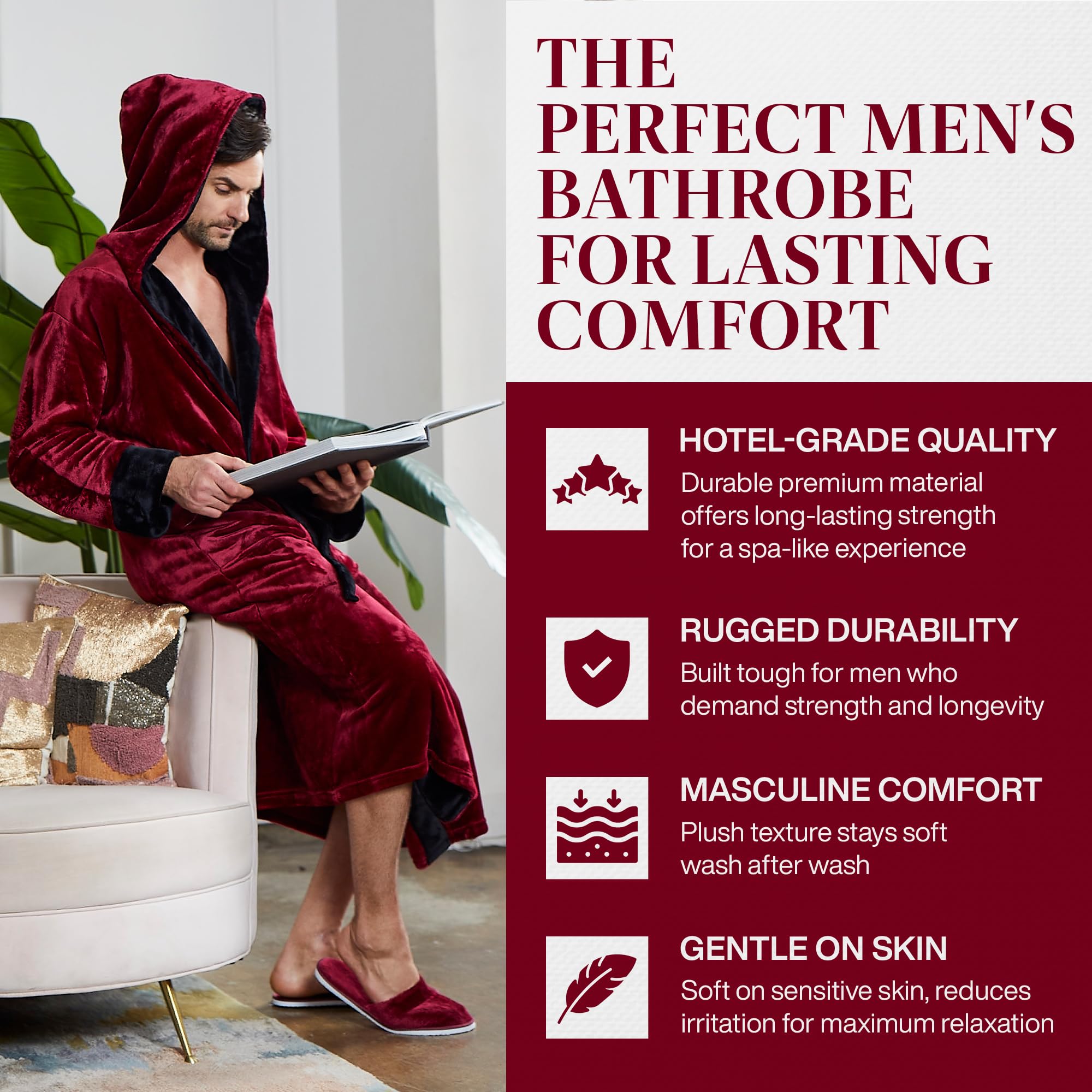 Premium Lotus Linen Men's Plush Hooded Bathrobe - Ultra Soft Long Robe for Men, Luxury Spa & Loungewear - Perfect for Home Relaxation, Bathroom, and Hotel Use