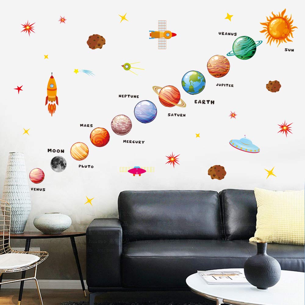 Cartoon Space Wall Stickers - Rocket, Cosmonaut & Planet Decor for Kids Room, Nursery & Playhouse | Solar System Learning Mural & Astronaut Wall Decals | Perfect for Bedroom, Classroom & Playroom Decor