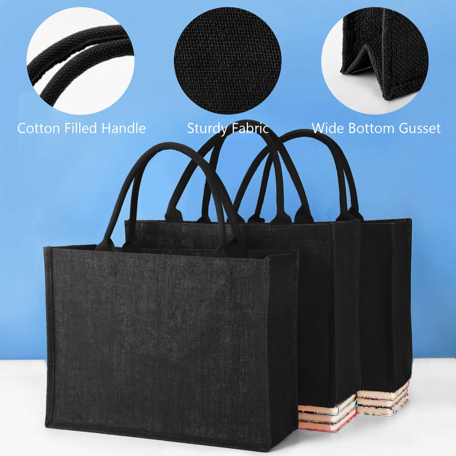 Segarty 3 Pack Large Black Burlap Jute Reusable Canvas Tote Bags with Handles - Eco-Friendly Blank Bulk Totes for Bridesmaid Wedding Favors, Women's Grocery Shopping, Bachelorette Party & Beach Trips | Perfect for Farmers Market, Picnics & Everyday Use