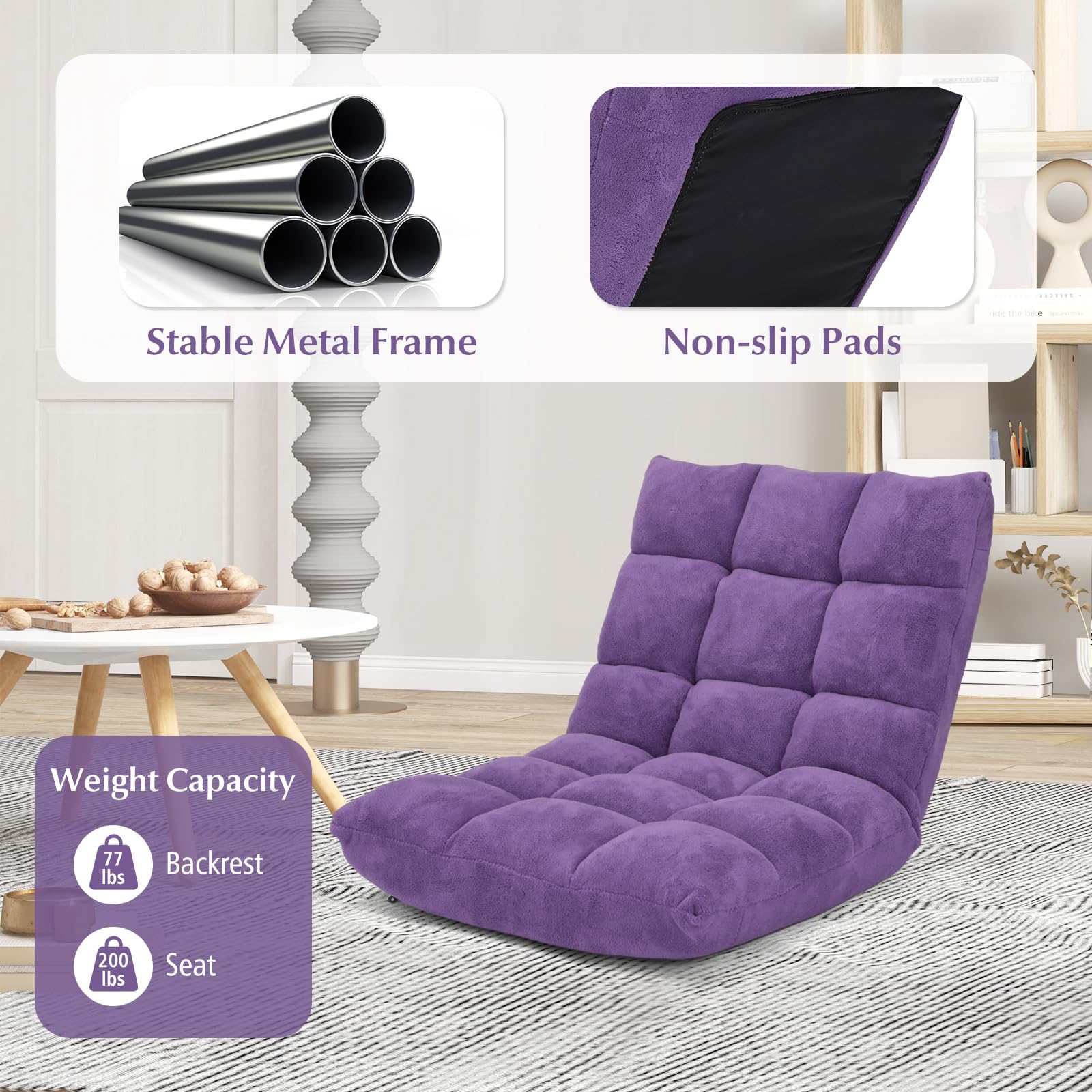 14-Position Adjustable Floor Sofa - Foldable Gaming Chair with Comfortable Cushions & Sturdy Steel Frame - Multi-Angle Recliner for Living Room, Bedroom, Dorm - Perfect for Gaming, Reading, Napping & Relaxing (Purple)