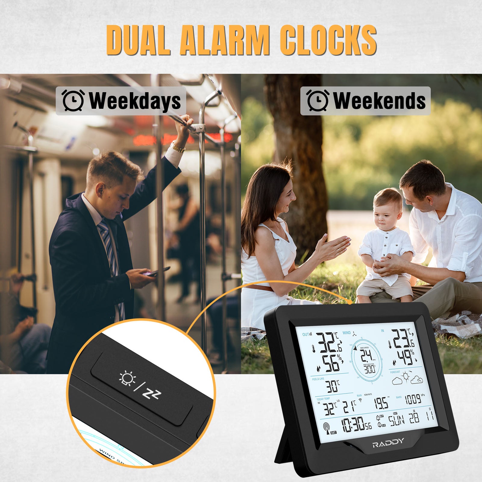 Raddy MN6 Lite Wireless Weather Station - 5-in-1 Indoor Outdoor Thermometer with Barometric Pressure, DCF Atomic Clock & Weather Forecast | Perfect for Home, Garden, Office & Outdoor Activities