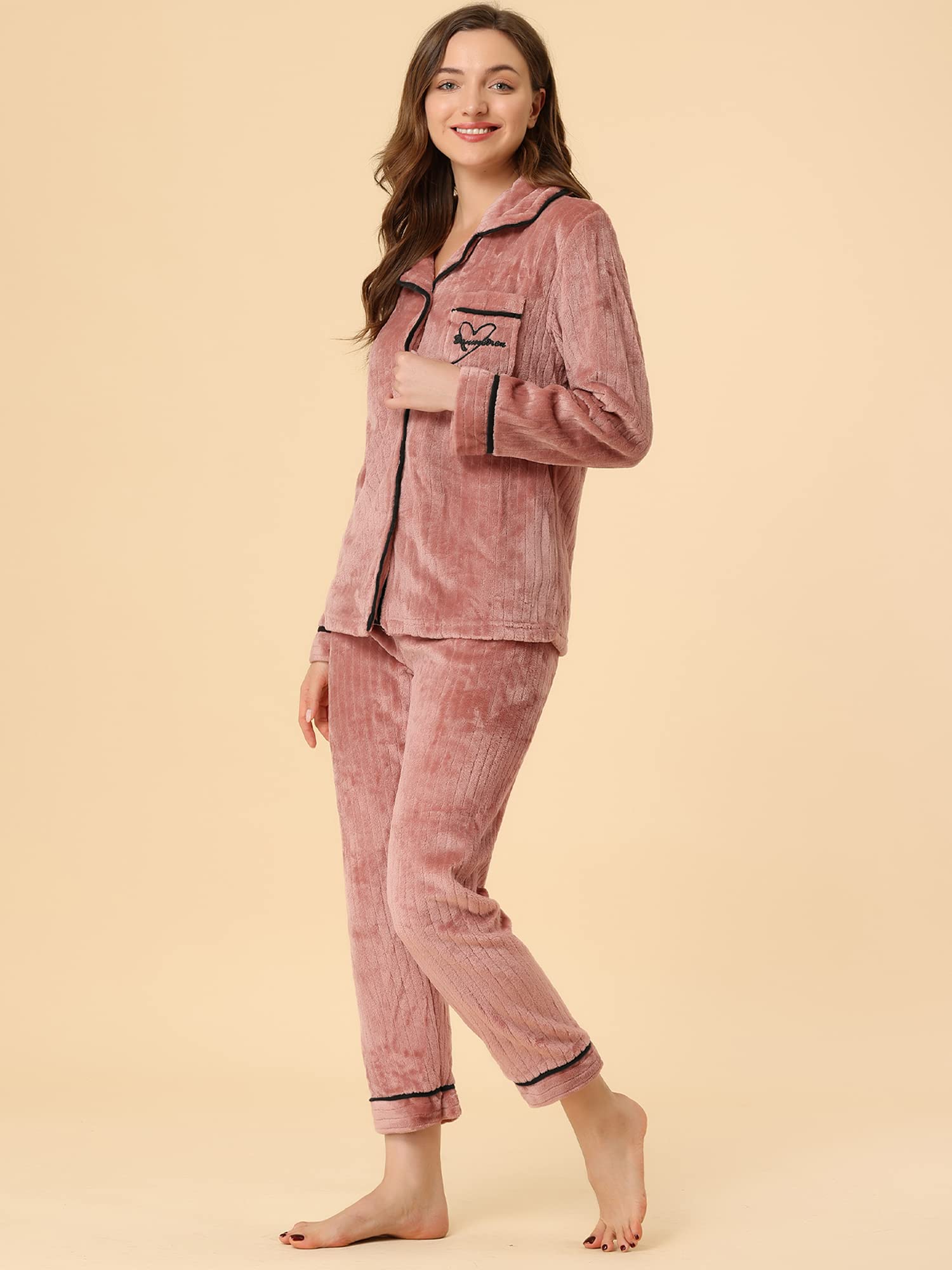 Allegra K Women's Flannel Pajama Set - Long Sleeve Button Down Sleepwear for Winter & Cozy Lounge Wear - Perfect for Cold Nights, Relaxing at Home and Holiday Gifts