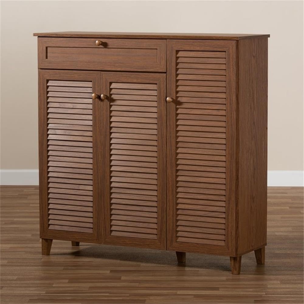 Baxton Studio Coolidge 11-Shelf Modern Shoe Storage Cabinet with Drawer - Walnut Finish Wooden Organizer for Entryway, Closet & Bedroom