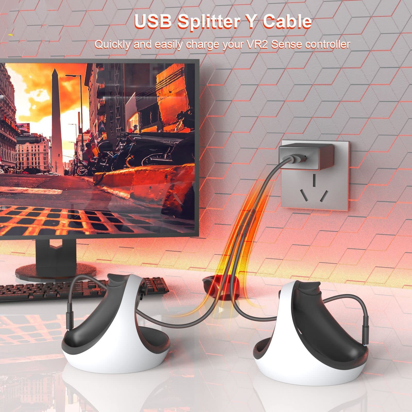 PSVR2 VR Headset Controller Stand with Charging Dock - Wireless VR Headset Holder with 60cm Charging Cable - Perfect for PS5 VR Gaming Setup & Organized Storage