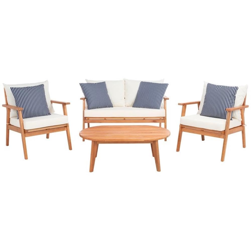 Safavieh PAT7050D 4-Piece Outdoor Patio Pillow Set - Navy Striped, Natural & Beige Weather-Resistant Cushions for Garden, Poolside & Deck Furniture Decor