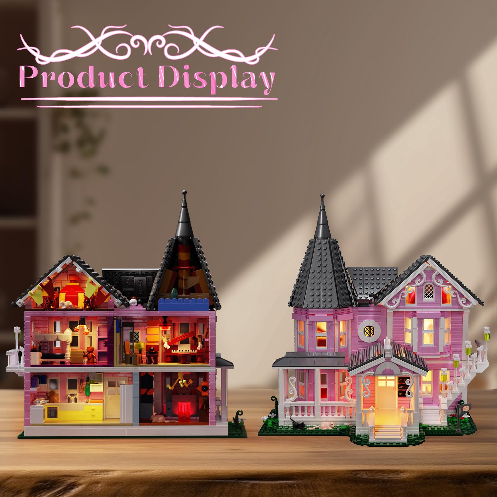 Pink Palace Haunted House Building Set with LED Lights - 1349PCS Halloween Block Toy Kit for Kids & Adults Ages 8+, Lego-Compatible Christmas Gift for Girls & Boys - Perfect for Spooky Decor, Holiday Displays & Creative Play