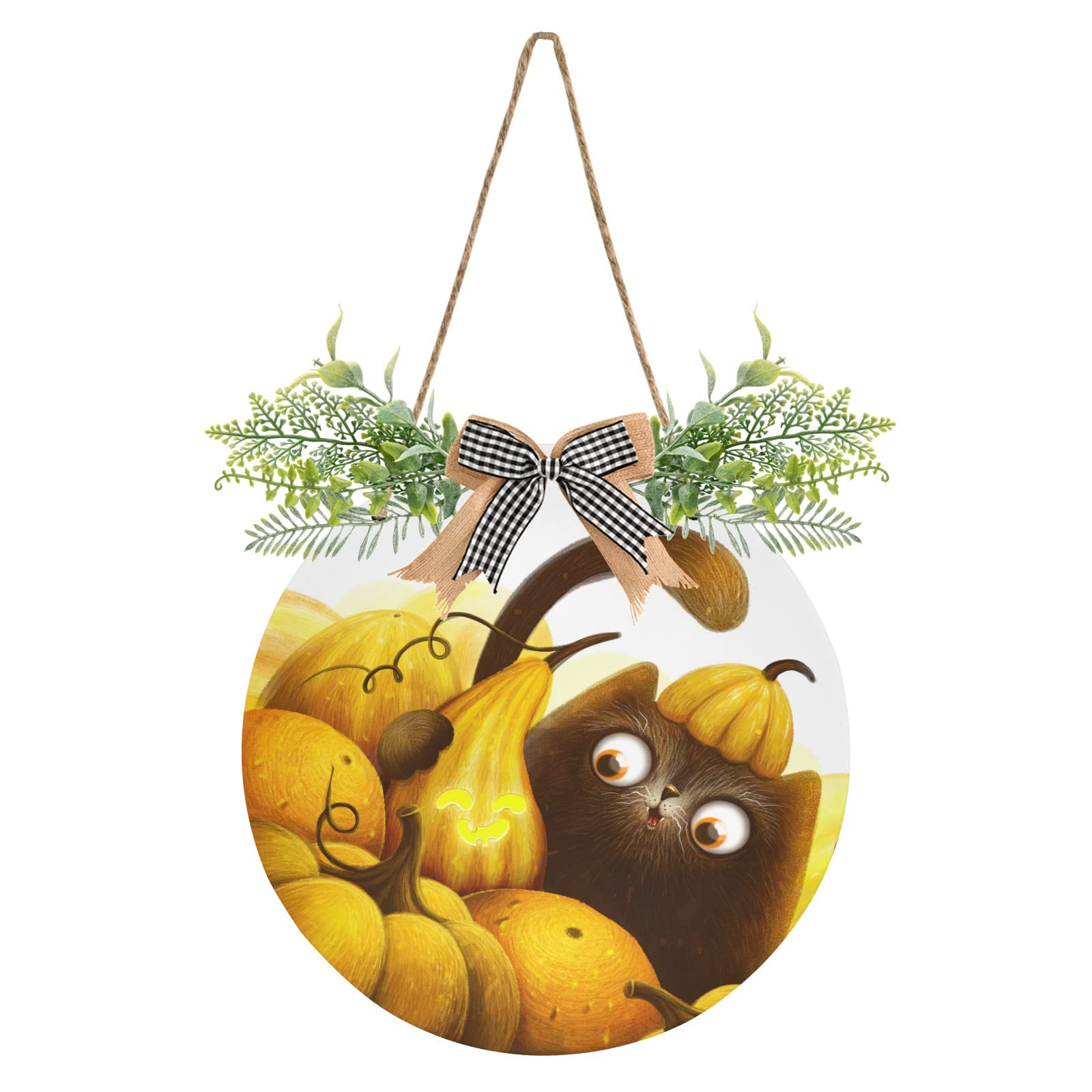 Black Cat Halloween Wooden Welcome Sign - Round Front Door Decor with Golden Pumpkins, Farmhouse Wreath Hanger - Perfect for Seasonal Greetings, Holiday Housewarming & Porch Decoration