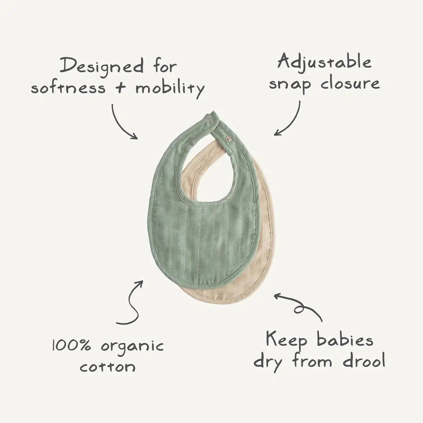 Mushie Organic Cotton Muslin Bibs 2 Pack - Tan & Fog | Soft Baby Drool Bibs for Feeding, Teething & Messy Play | Eco-Friendly & Absorbent for Infants & Toddlers