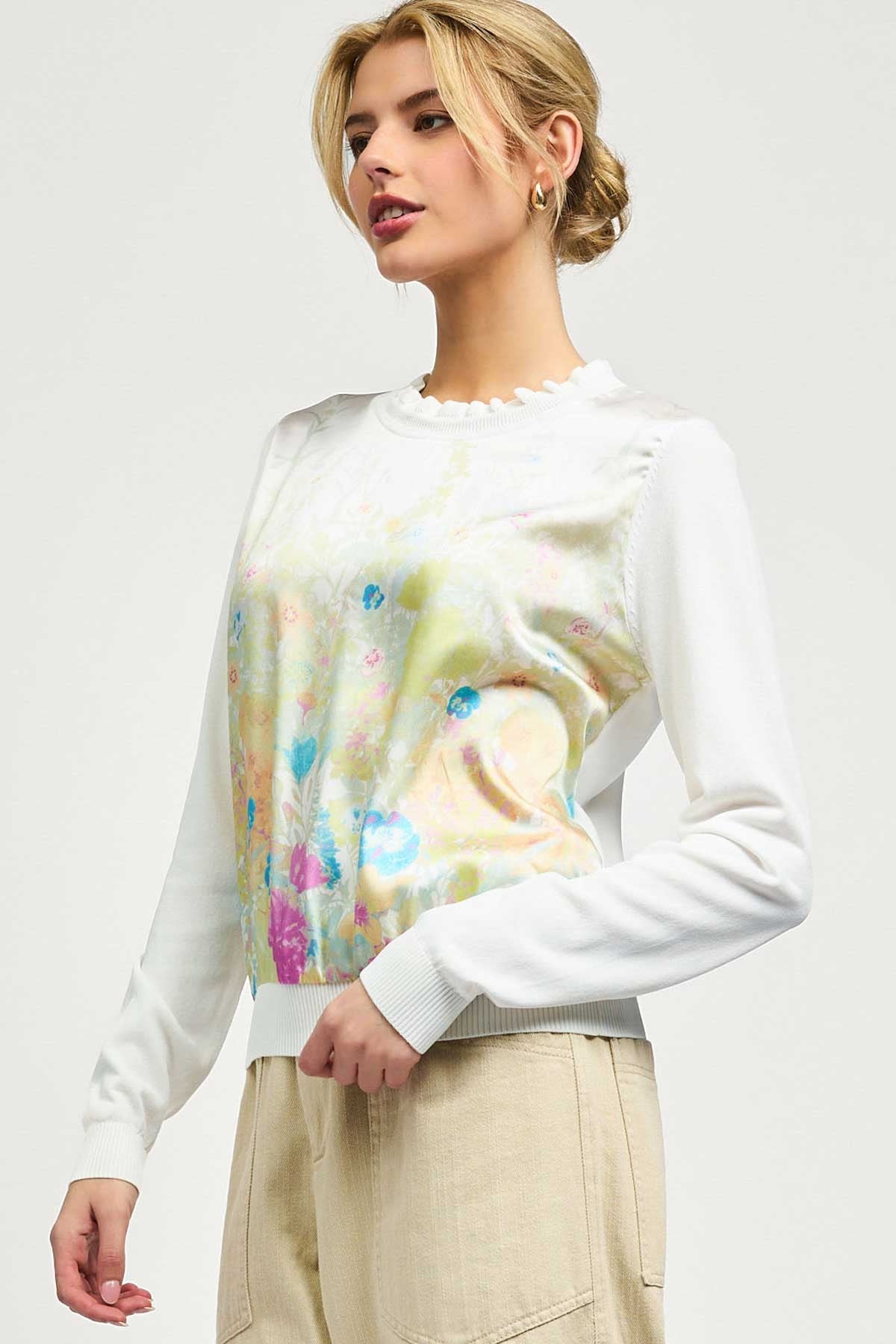 Floral Satin Front Knit Top for Women - Elegant Blouse for Casual Wear, Office & Date Night Outfits