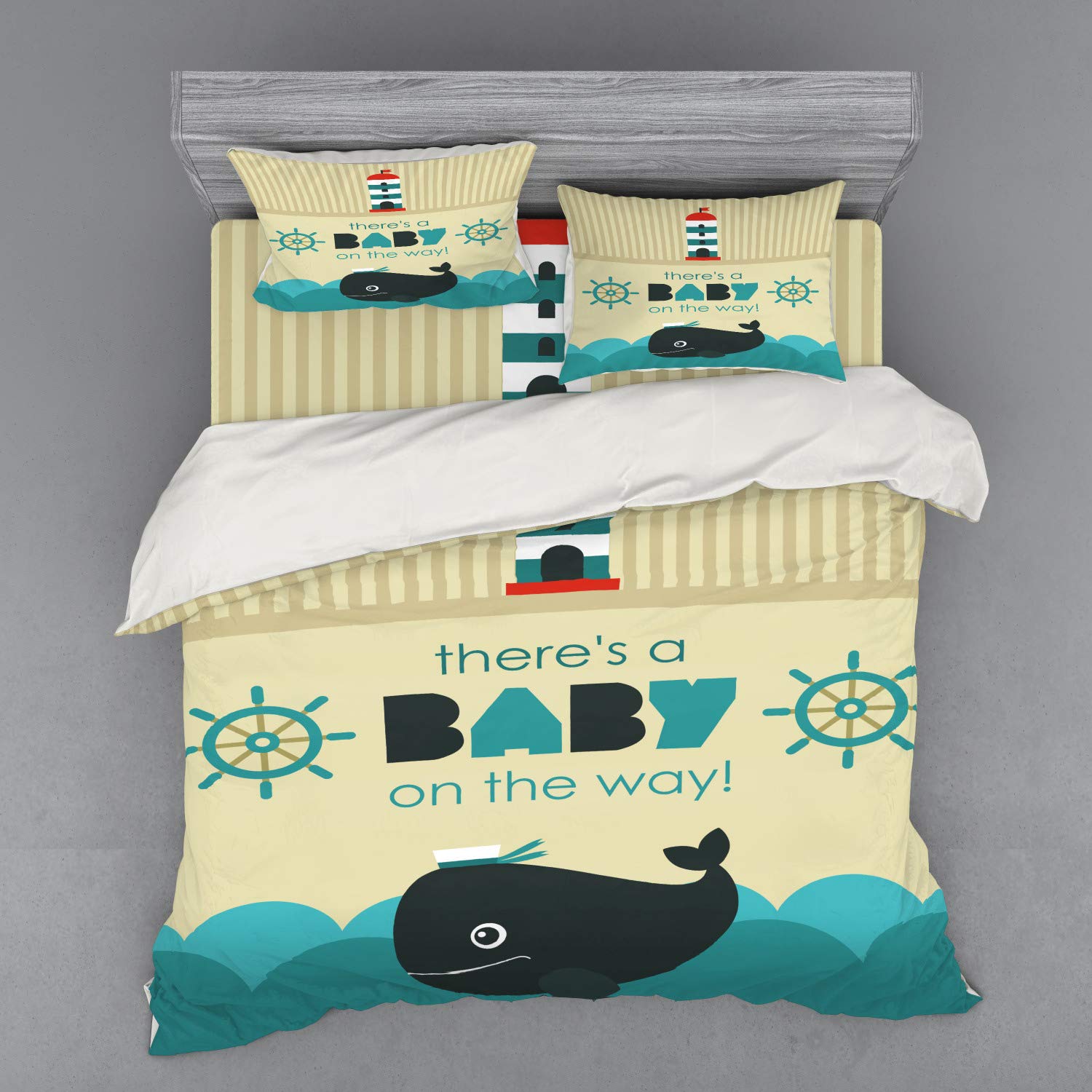 Ambesonne Gender Reveal Party Bedding Set - 'Little One on The Way' Marine Theme with Dolphin & Ship Wheel - 3 Piece Duvet Cover Set with Sham & Fitted Sheet - King Size Dark Blue Khaki Teal - Perfect for Baby Showers, Nursery Decor & Coastal Themed Bedrooms