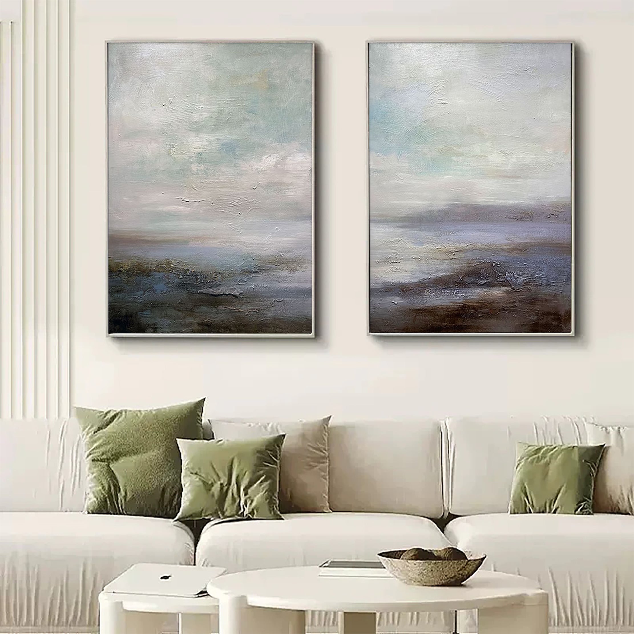 Ocean and Sky Painting Set of 2 - Handmade Wall Art for Living Room & Bedroom Decor - Coastal Themed Canvas Prints for Home Office