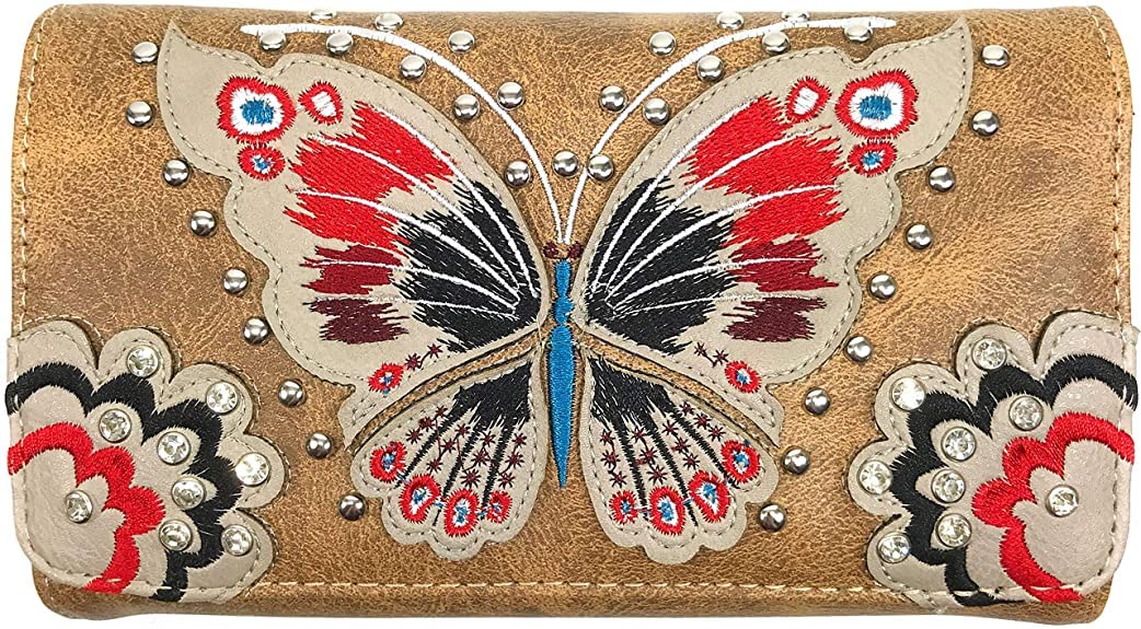 Peacock Butterfly Floral Embroidery Crossbody Trifold Wallet for Women - Stylish Leather Clutch Purse with RFID Protection - Perfect for Travel, Shopping & Everyday Use (TAN)