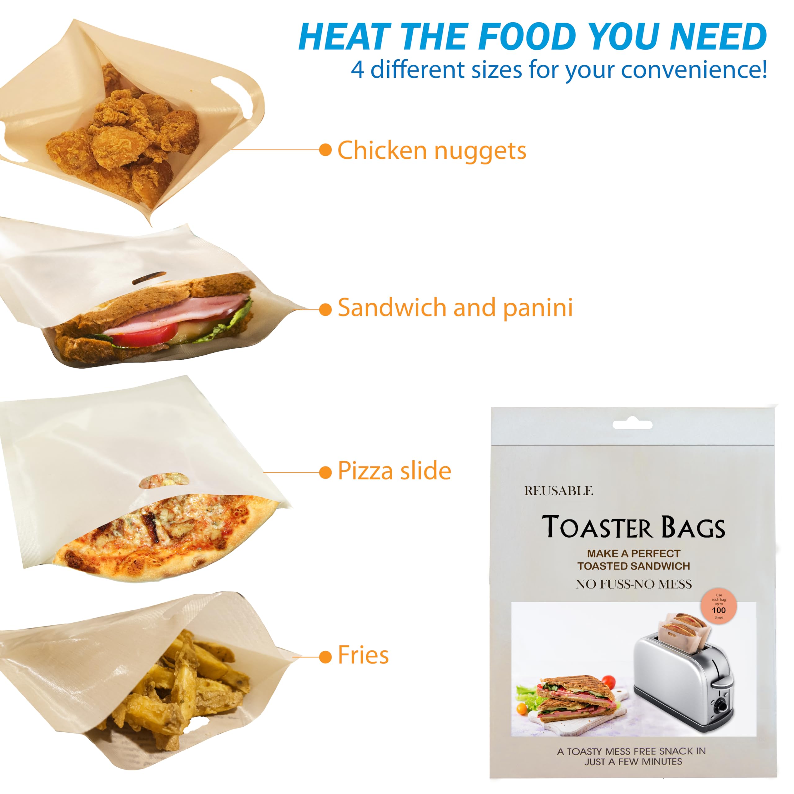 20 Pack Reusable Non-Stick Toaster Bags for Grilled Cheese, Chicken Nuggets & Panini - 4 Sizes - Perfect for Oven, Toaster & Air Fryer - Safe & Easy Cleanup for Quick Meals & Snacks