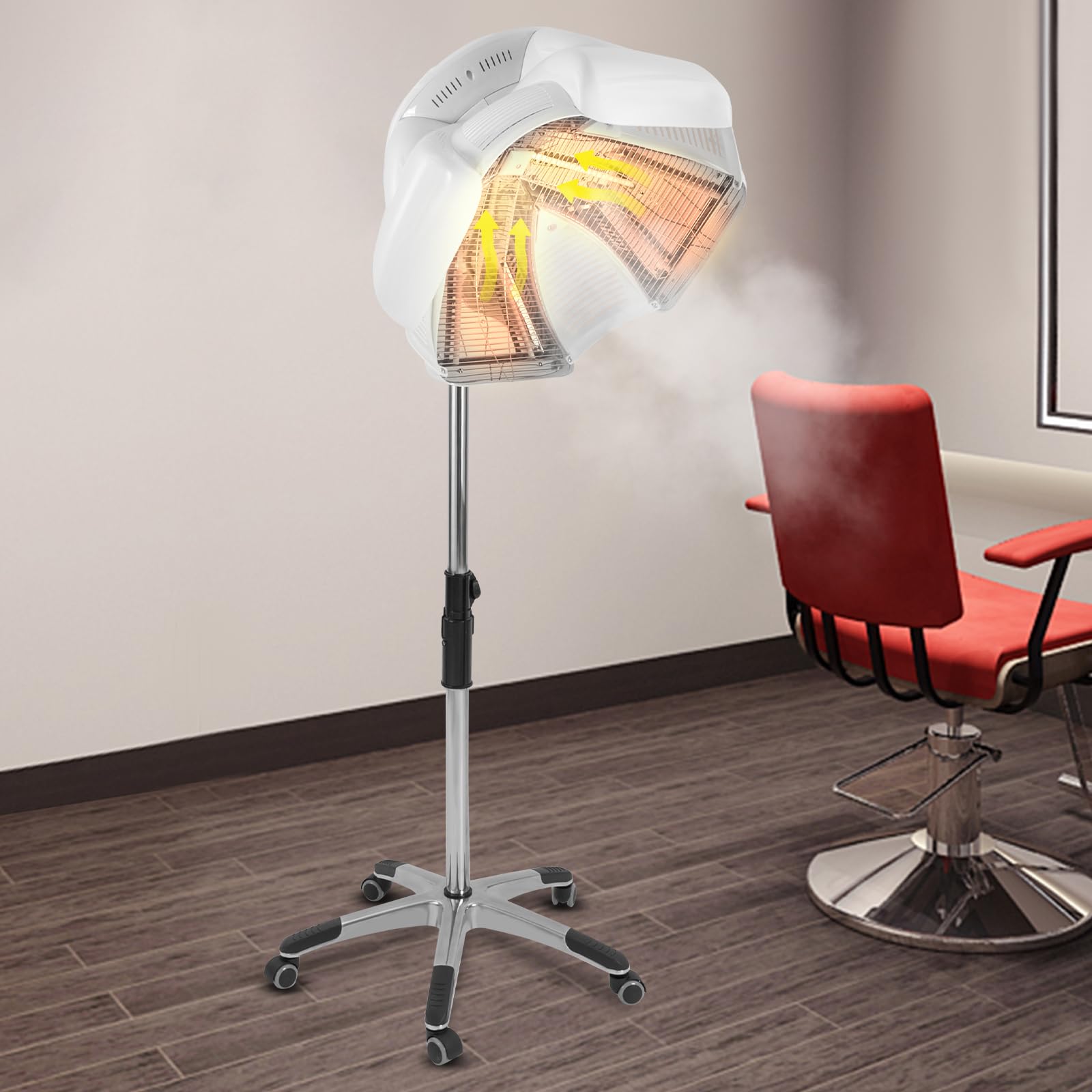 Professional 1800W Hooded Hair Dryer with Steamer - 4 Speed Adjustable, 0-60 Min Timer & LCD Panel - Rolling Floor Stand Base for Salon, Spa & Home Use - Perfect for Deep Conditioning & Hair Treatments (White)