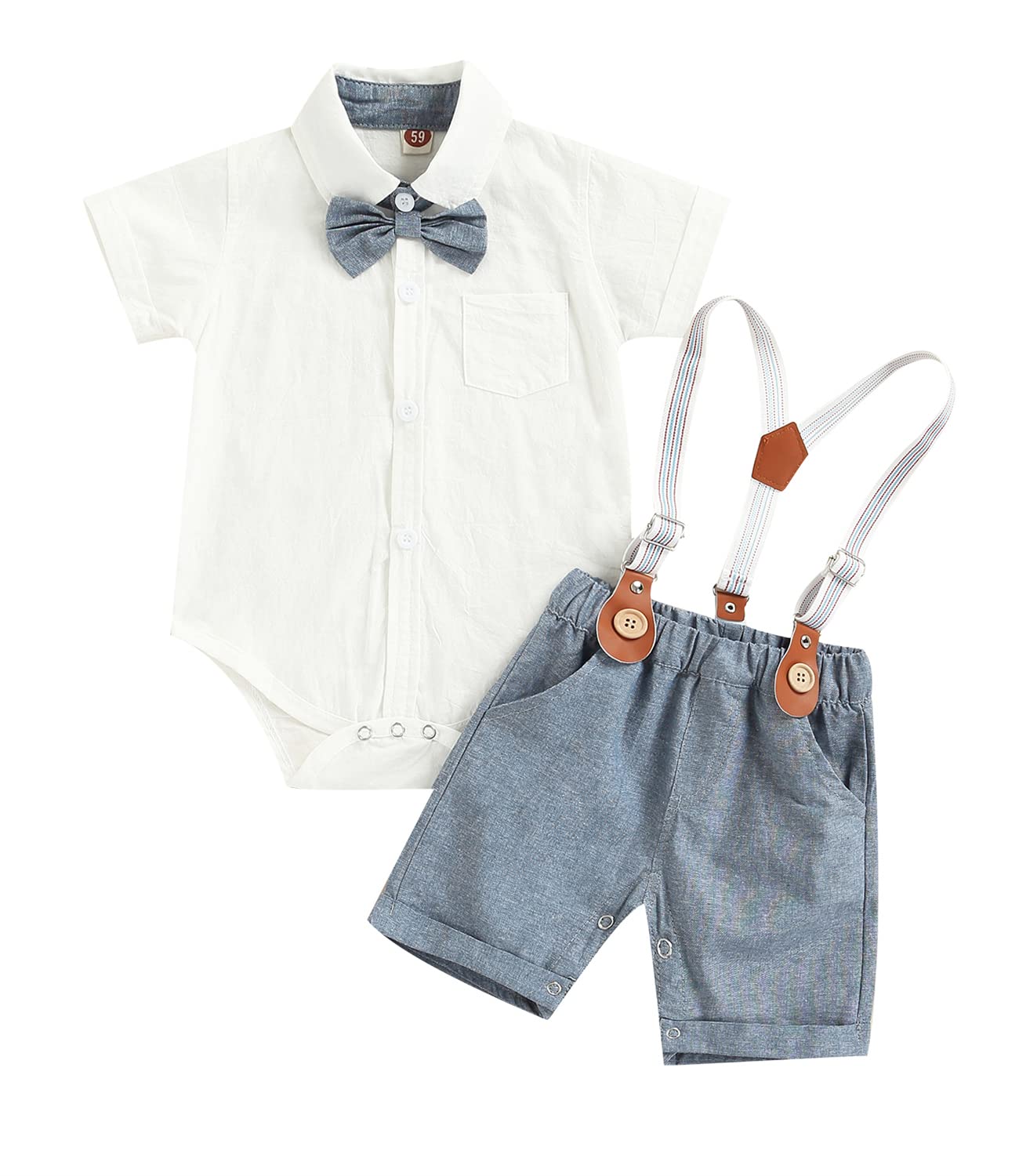 Qiylii Baby Boys' Short Sleeve Bowtie Button-Up Bodysuit with Suspenders & Shorts - Cute Summer Outfit for Infants, Photo Shoots, Parties & Casual Wear