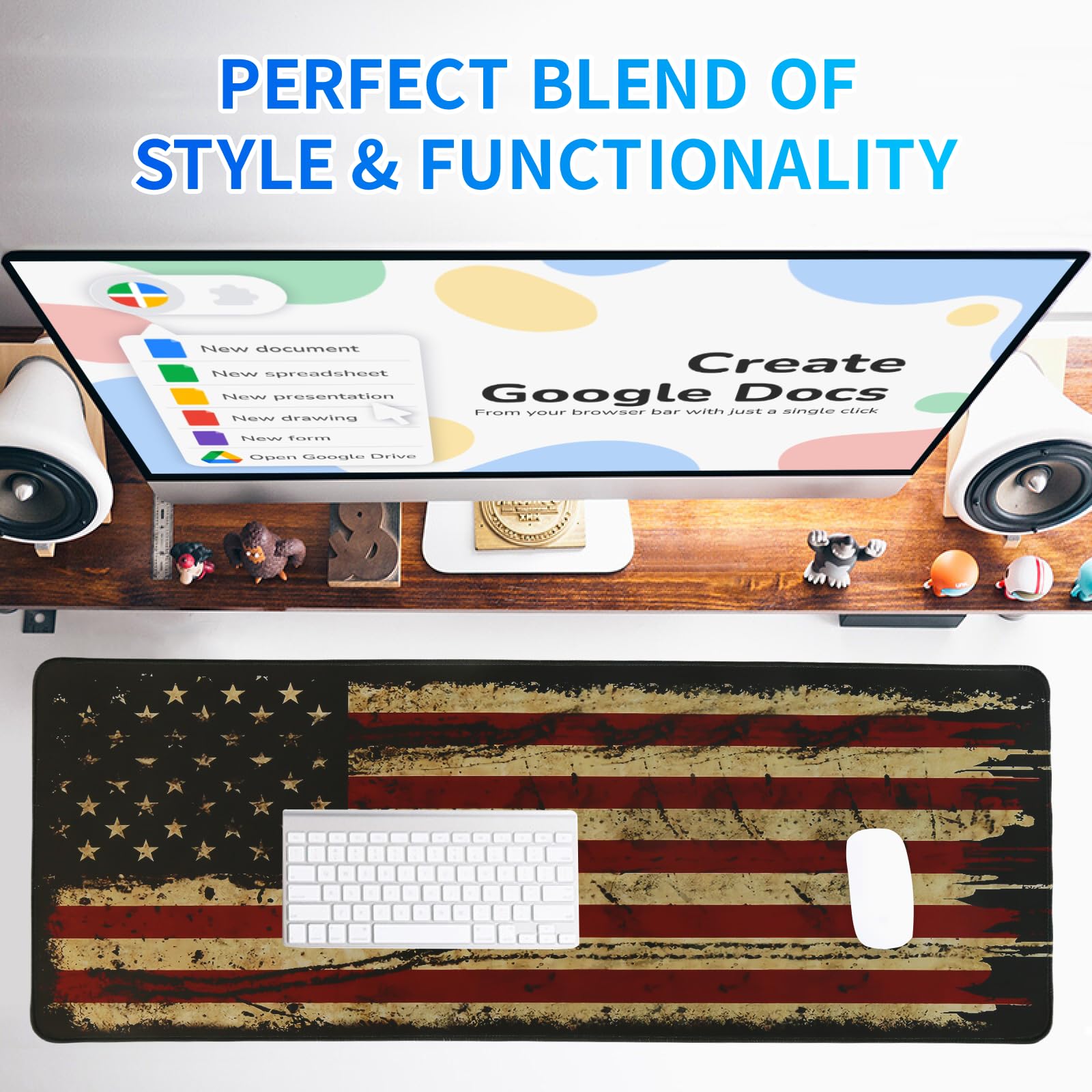 USA Flag Gaming Mouse Pad - Extra Large Non-Slip Rubber Base Desk Mat with Stitched Edges for PC & Laptop | Perfect for Gamers, Office Work & Home Use (Black, Large)