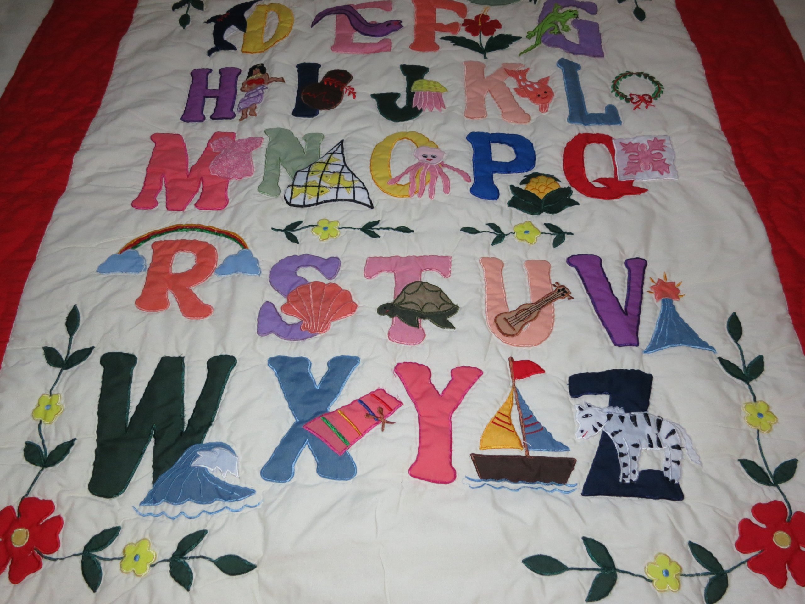 Hawaiian Style Quilt ABC Comforter Baby Blanket - Hand Quilted, Hand Appliqued & Machine Embroidered - Soft Nursery Bedding, Wall Hanging Decor for Baby Shower Gift & Home Decoration