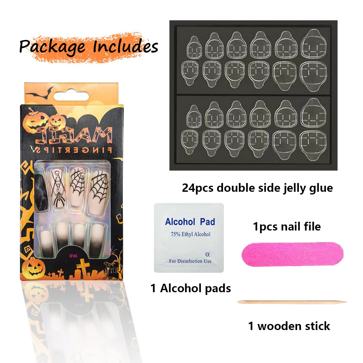 Halloween Press on Nails - 24Pcs Long French Fake Nails with Black Spider Web & Crystal Rhinestone Designs, Matte Acrylic Glue on Nails for Women & Girls | Perfect for Halloween Parties, Costume Events & Fall Nail Art